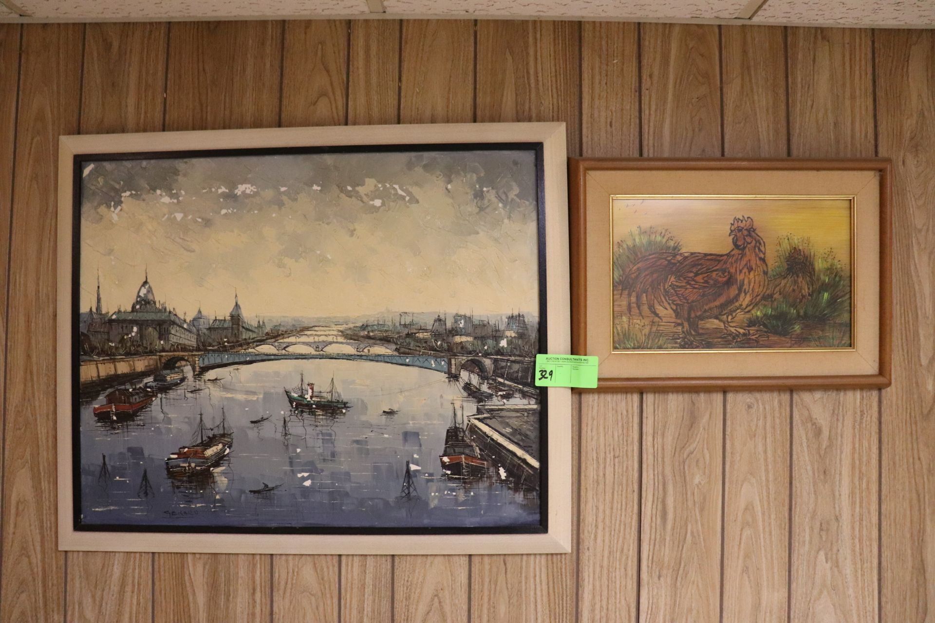 Two pieces of artwork: oil on canvas with river scene with boats, approximate sight size 30" x 24",