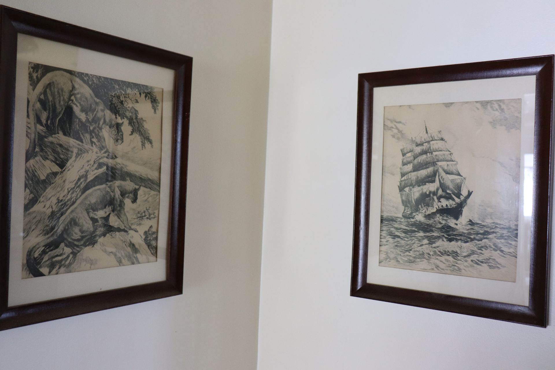 Three framed prints: one depicting cowboy scene, one depicting Pumbaa's hunting, and ship on ocean s - Image 2 of 2