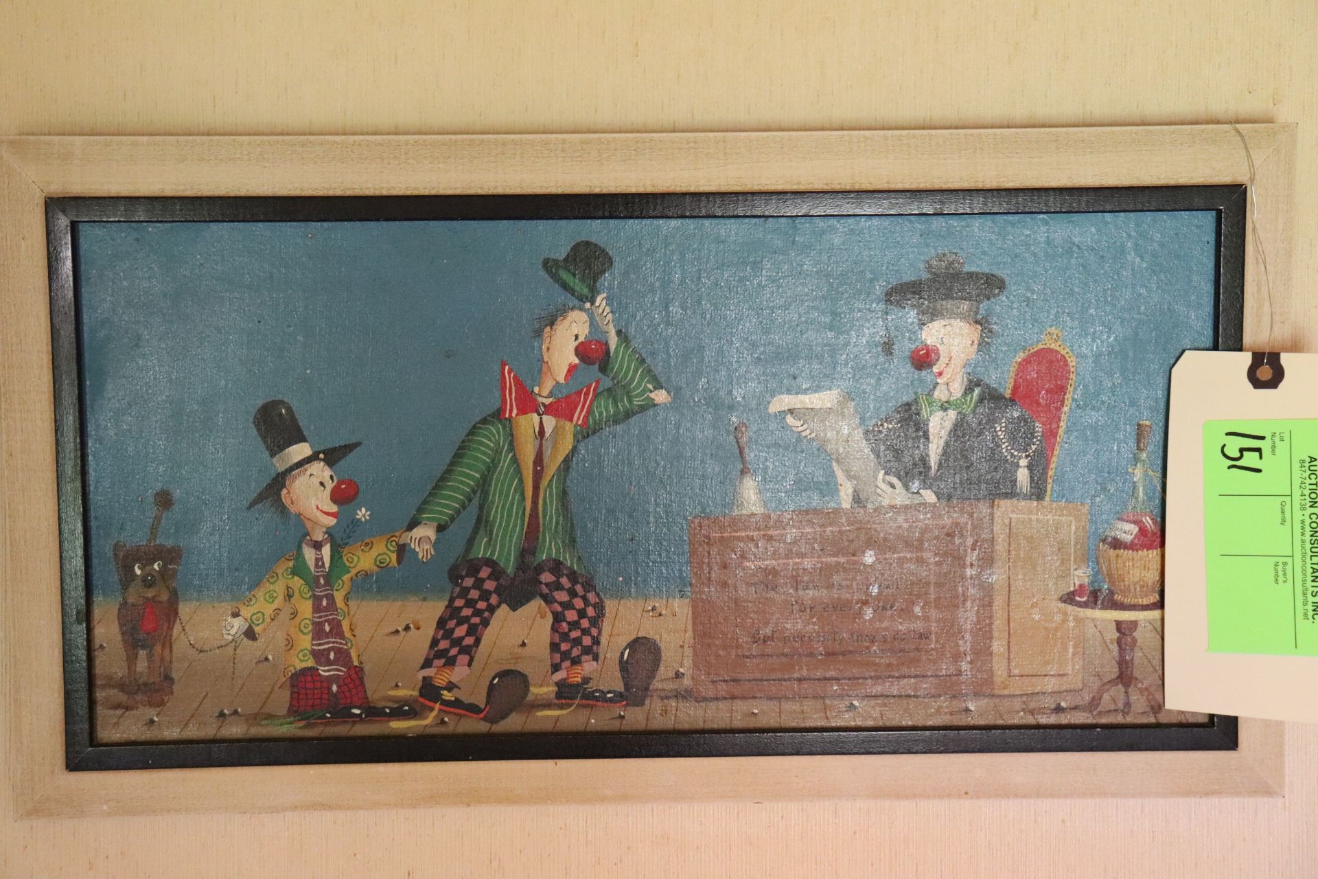 Framed artwork with clown scene, approximate size 19-1/4" x 9"