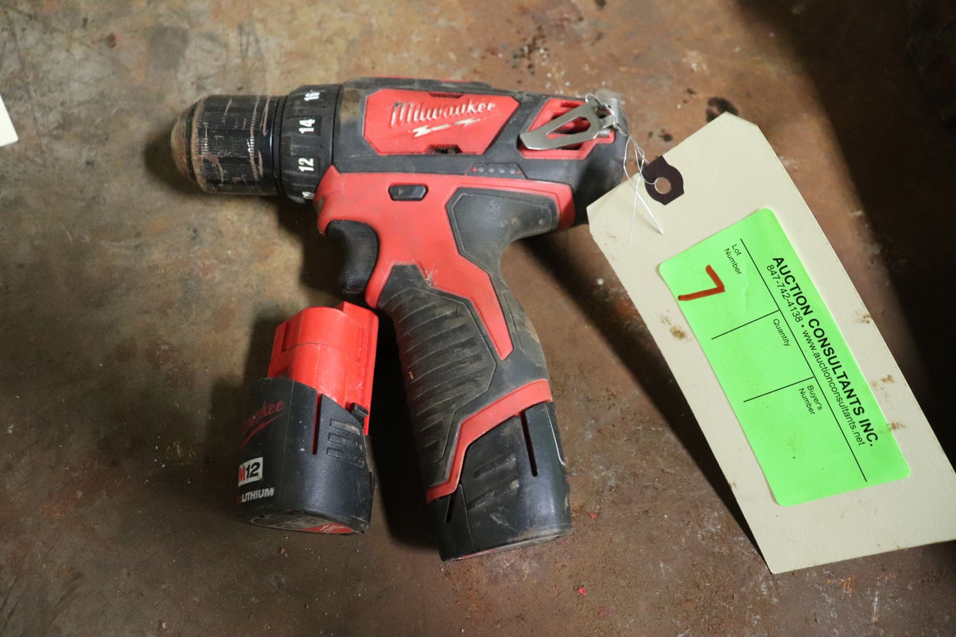 Milwaukee drill driver, M12 lithium with two batteries, no charger