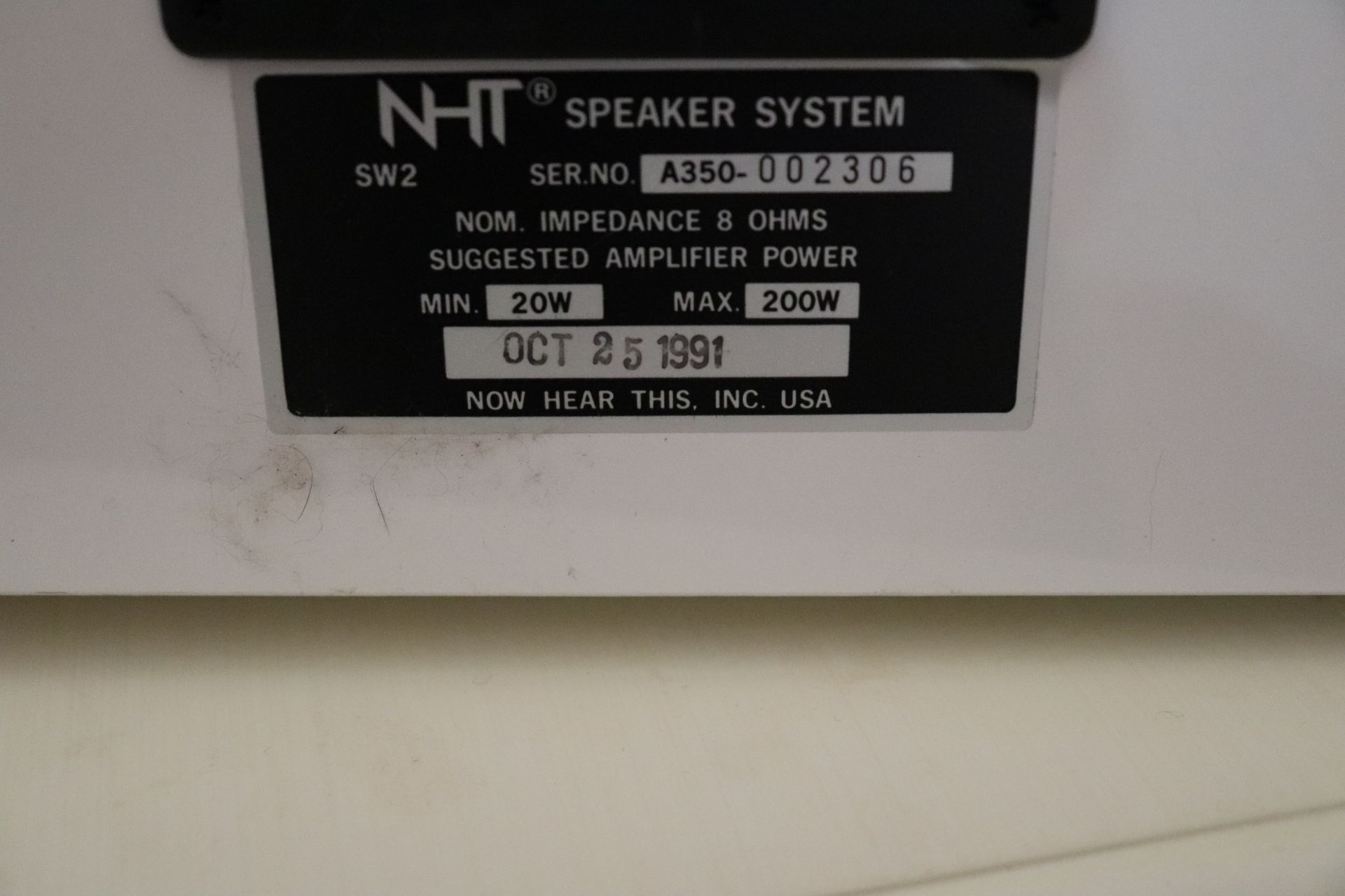 NHT amplifier, model MA-1, and four speakers by NHT, and NHT bass booster, model SW2, serial A350-00 - Image 7 of 8