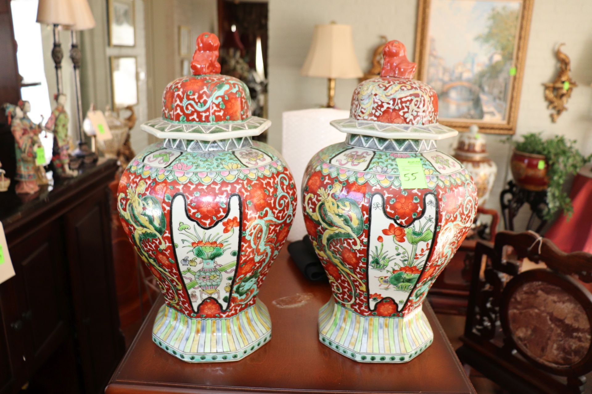 Two covered urns, approximate height 19"