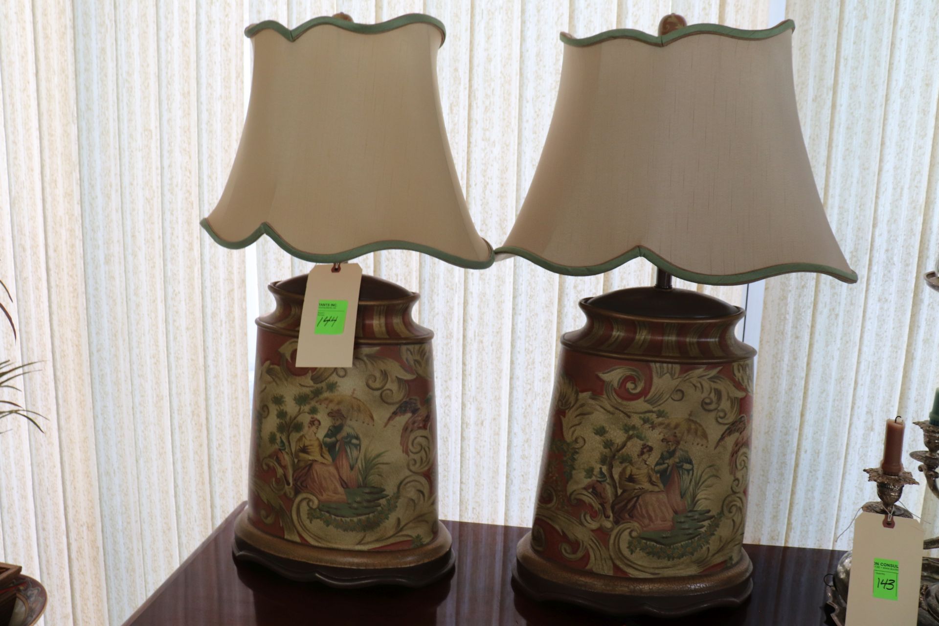 Pair of Asian style painted wood table lamps having figural garden decoration, fitted with a beige a