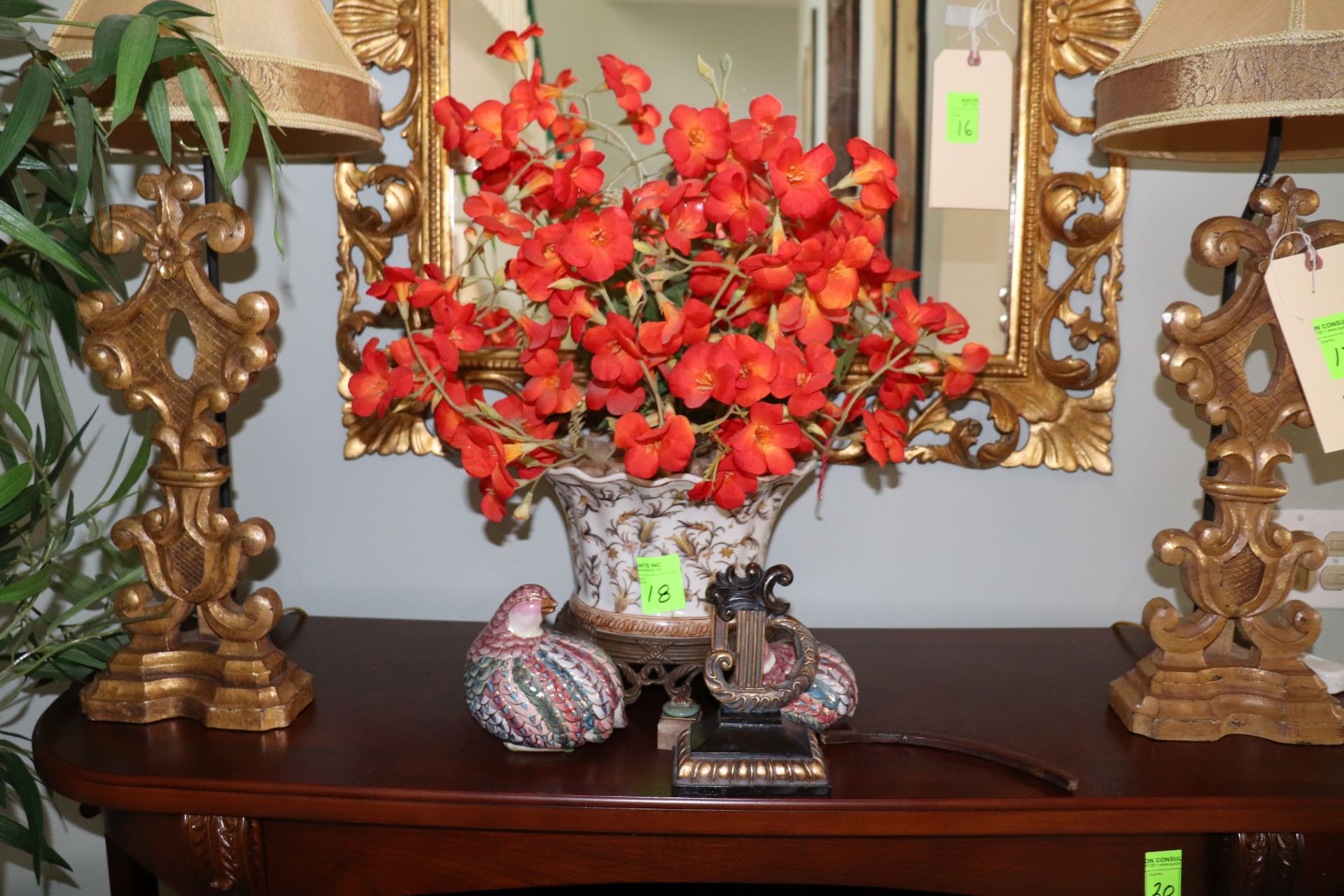 Oriental vase with metal stand and flowers, height 8"