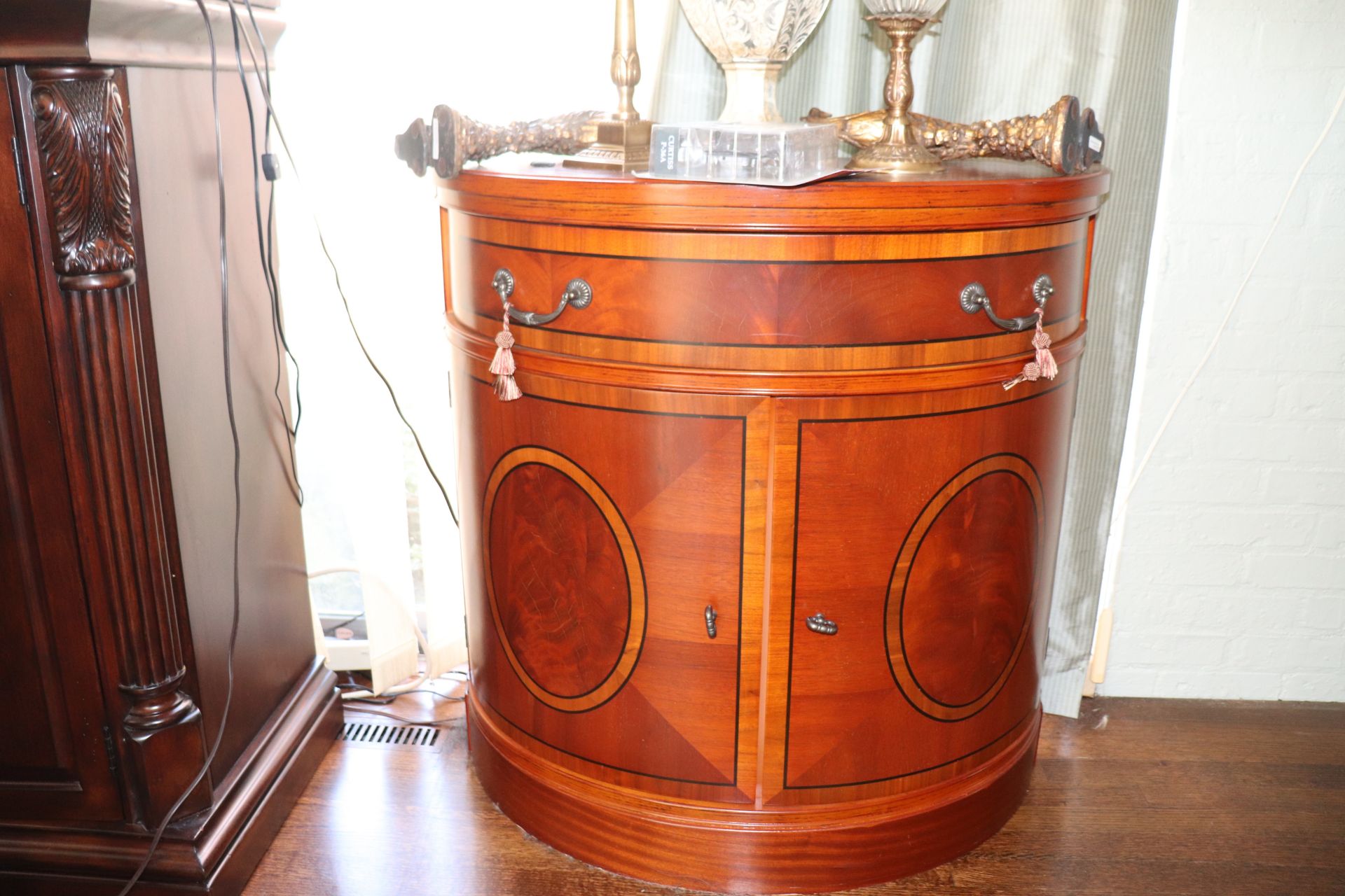 Pair of Georgian style mahogany demilune cabinets, half round top over single drawer over two doors - Image 2 of 2