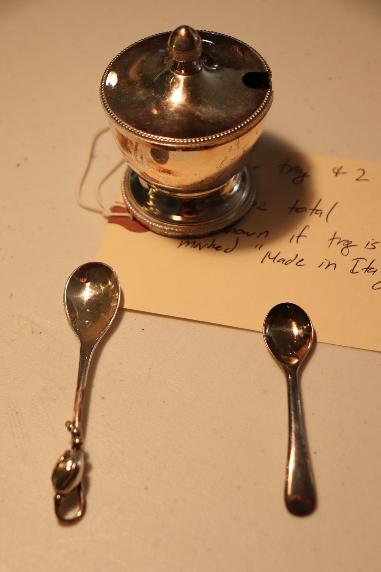 Sugar tray and 2 sterling spoons, approximate total weight 2.5 ounces, unknown if sugar tray is ster