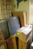Group of electrical enclosures, various sizes, and ten boxes of can lights by Sylvania