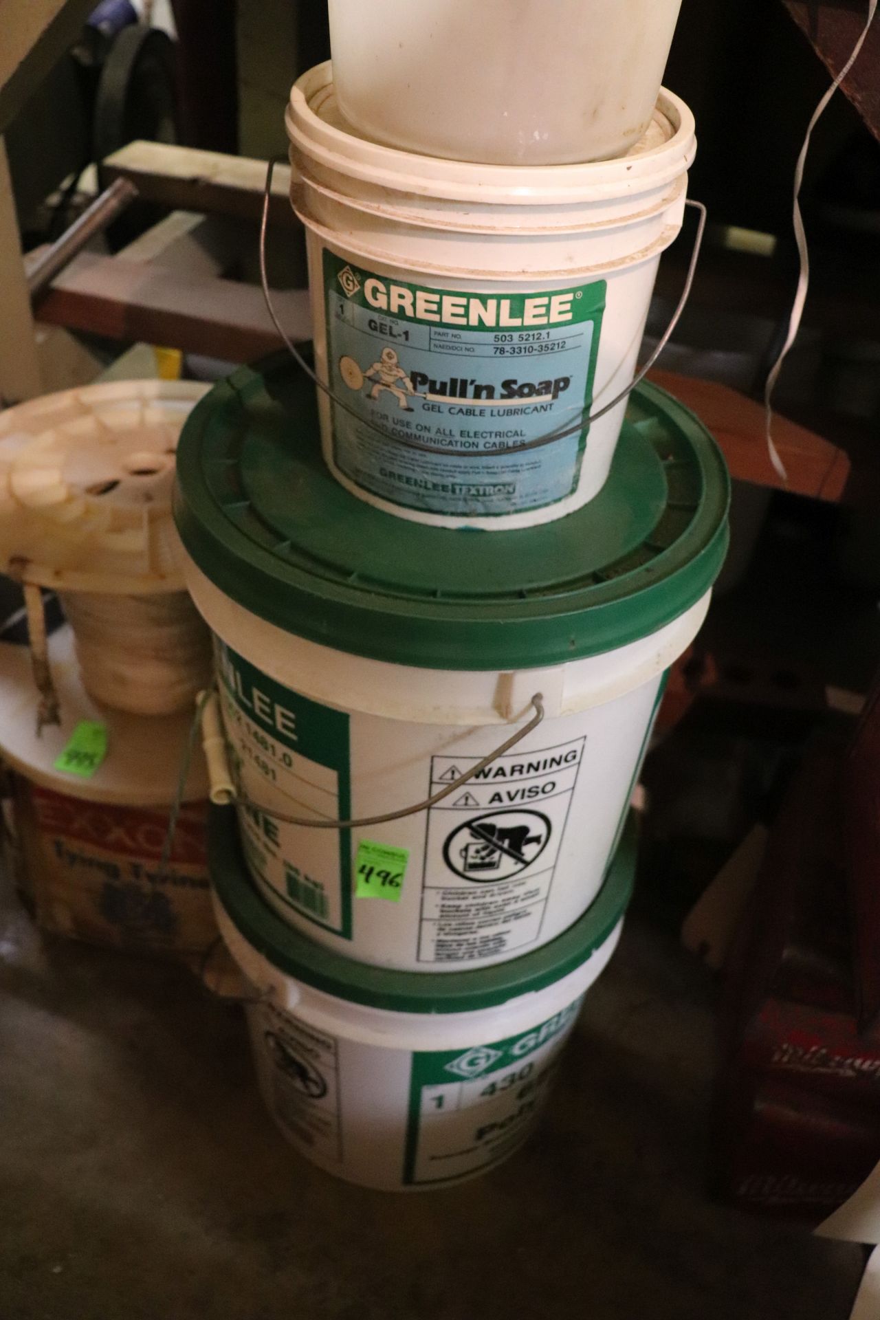 Group: two buckets of Greenlee catalog 430 poly line and one bucket of Greenlee pulling soap gel cab