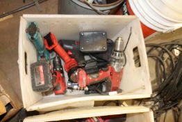 Group: Makita drill, Milwaukee drills, Milwaukee work light, Skil cordless drill, with chargers and