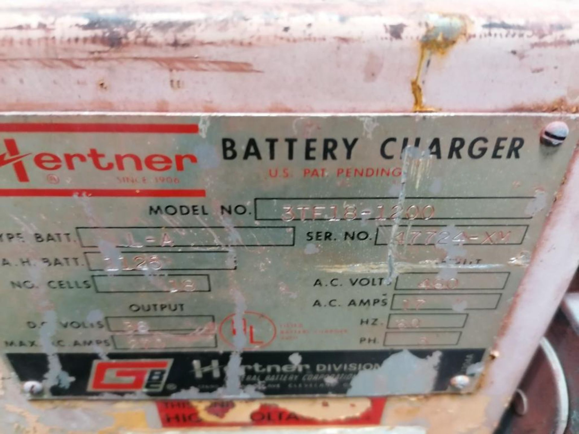 (1) Hertner Industrial Forklift Battery Charger, Model 3TF18-1200, Serial #47724-XM, Input 460V, - Image 5 of 11