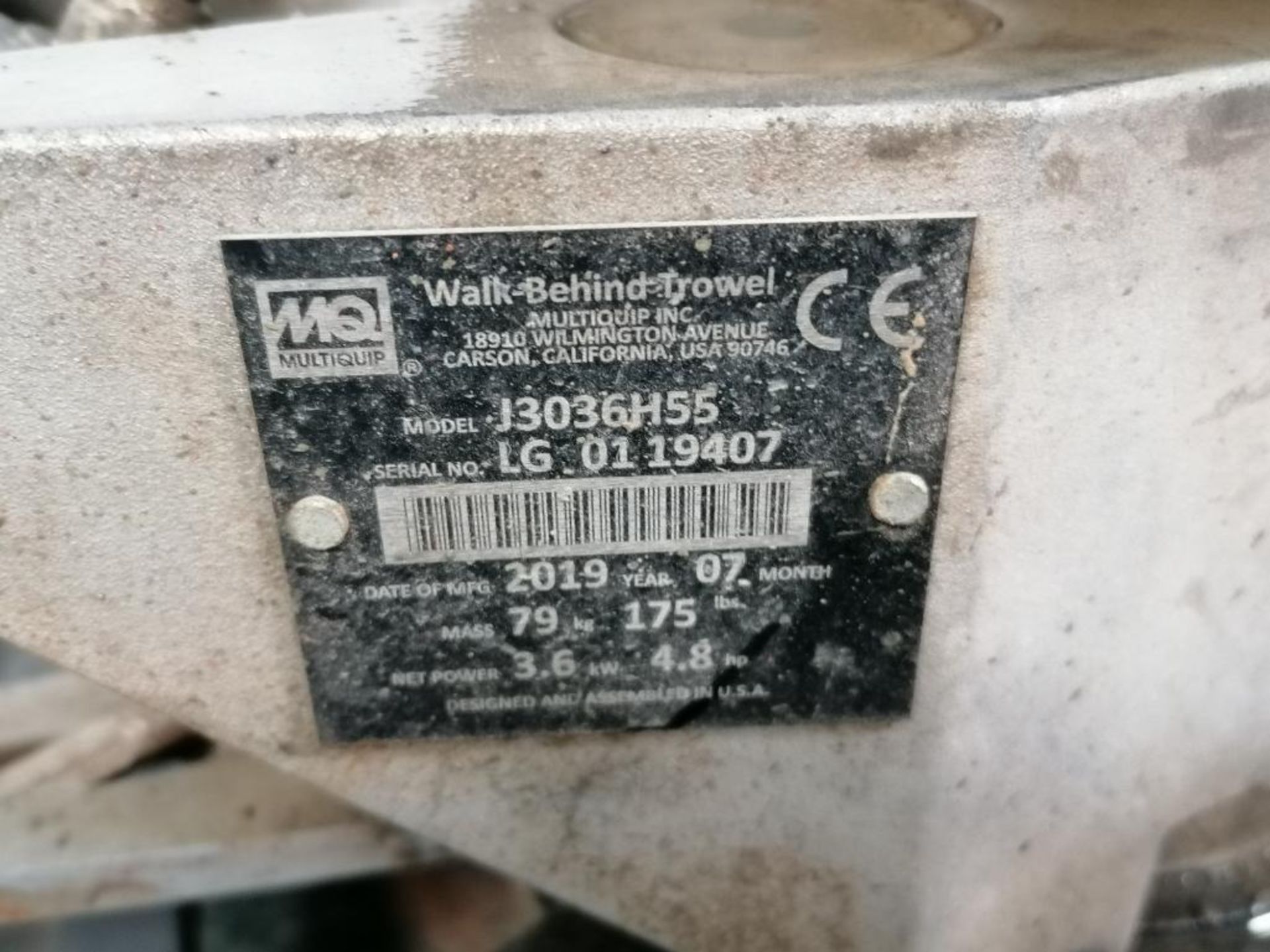 (1) 2019 Multiquip Whiteman Walk-Behind Power Trowel, Model J3036H55, Serial # LG0119407 with - Image 6 of 15