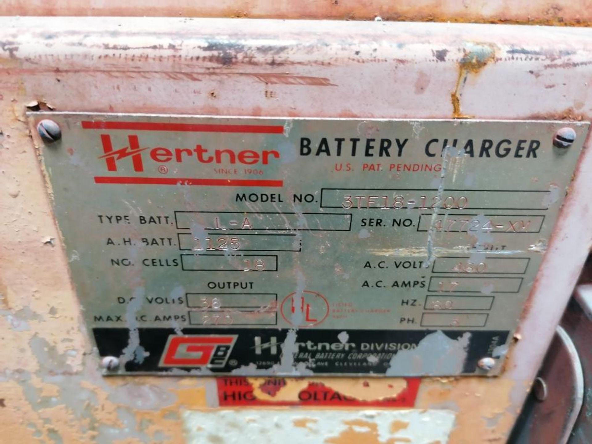 (1) Hertner Industrial Forklift Battery Charger, Model 3TF18-1200, Serial #47724-XM, Input 460V, - Image 4 of 11