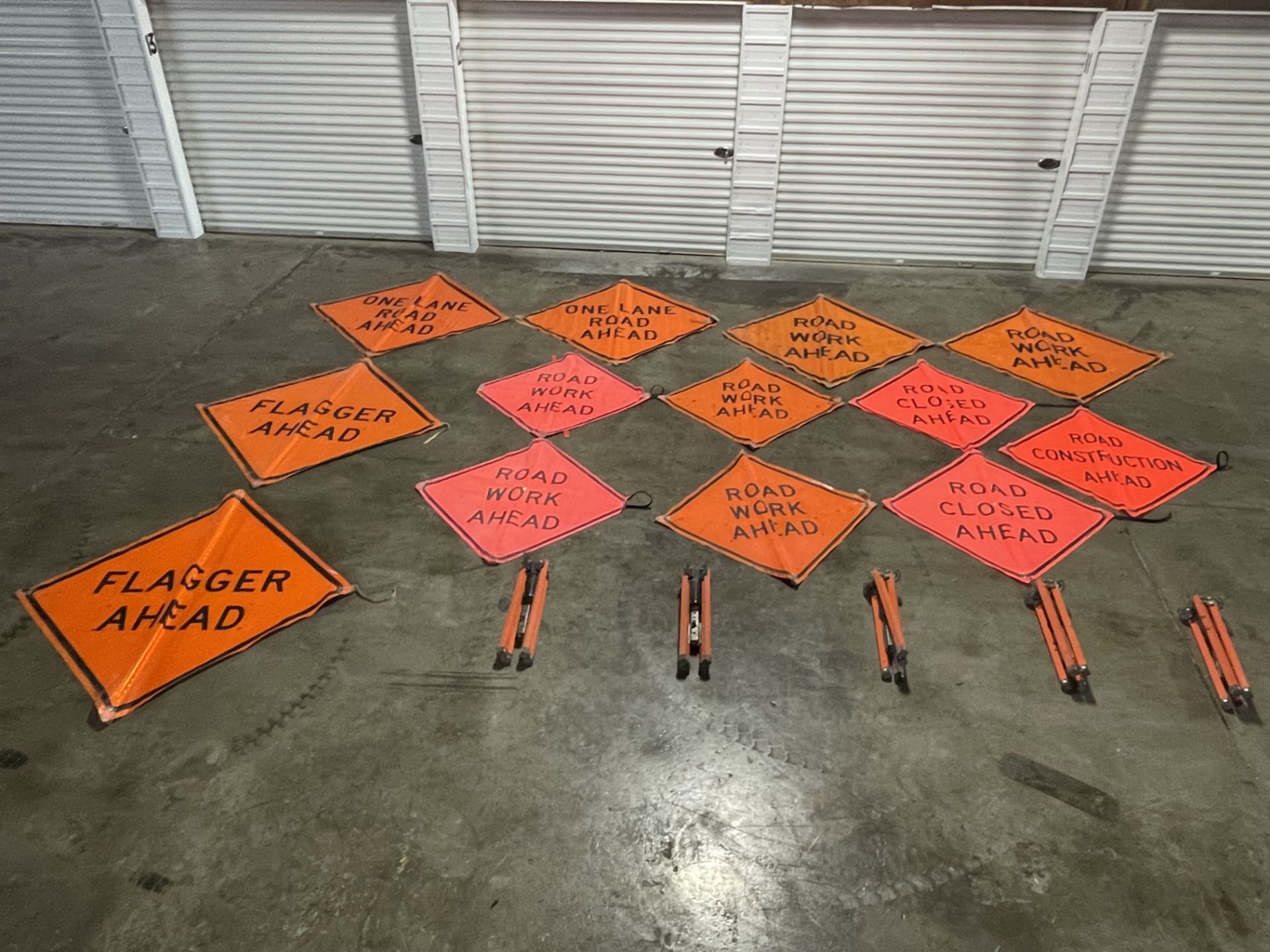 (6) Road Work Ahead Sign, (2) Flagger Ahead Sign, (2) One Lane Road Ahead Sign, (2) Road Closed