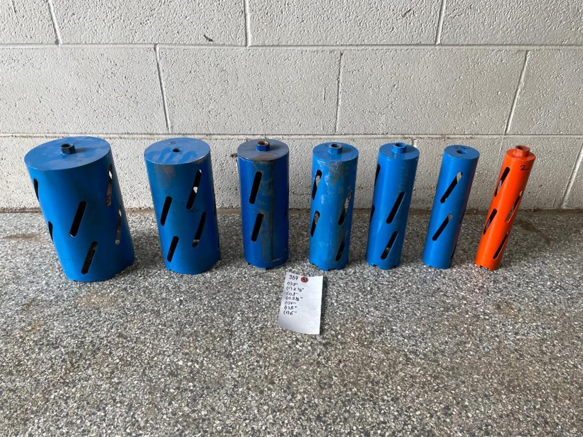 (1) 6", (1) 5", (1) 4", (1) 3 1/2", (1) 3", (1) 2 1/2" & (1) 2" Diamond Core Bits. Located in Wheeli