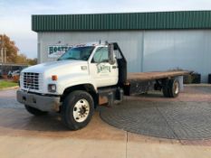 1999 GMC C7500 Conventional Day Cab Flatbed Truck, Vin #1GDM7H1C7XJ517848, 138,625 miles, Caterpilla
