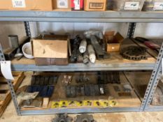 Two Shelves of Miscellaneous Parts, ITR X156L Bucket Teeth, Bar Chain, Shocks, Bucket Grips, Etc. Lo