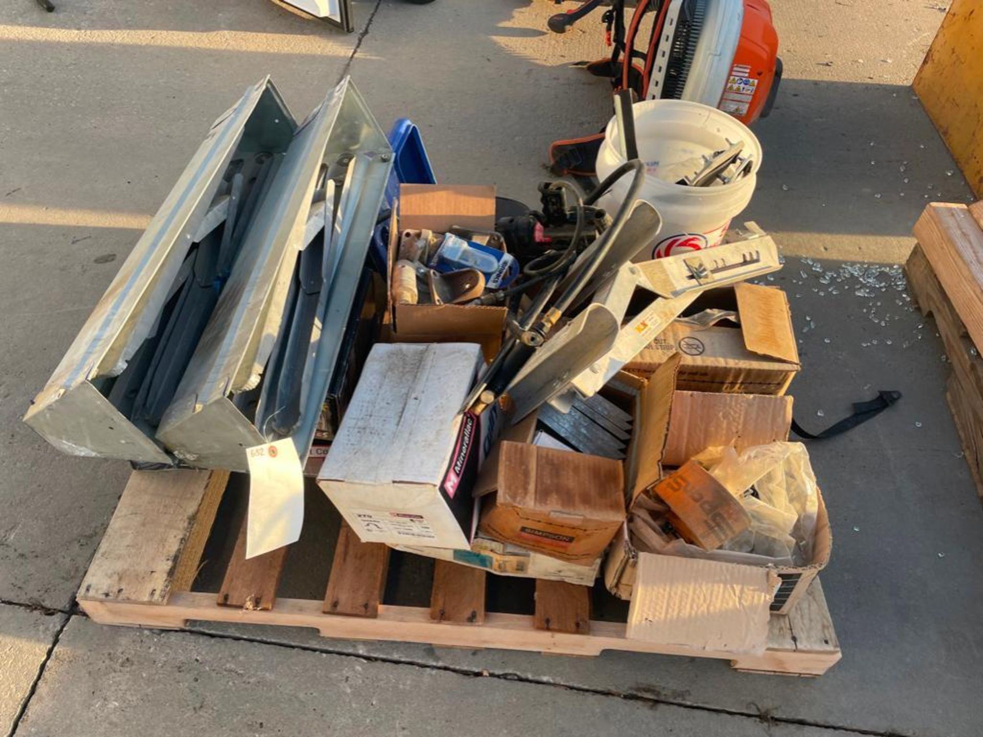 Pallet of Miscellaneous Parts, Ladder Jack, Pair Sawhorses, Seat Covers, etc.  Located in Hazelwood,
