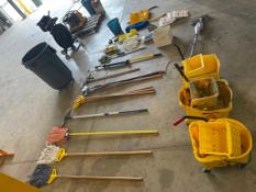 Miscellaneous Shop Cleaning Equipment. Buckets, Brooms, Mops, Mop Heads, Handles, Coveralls, Etc. Lo