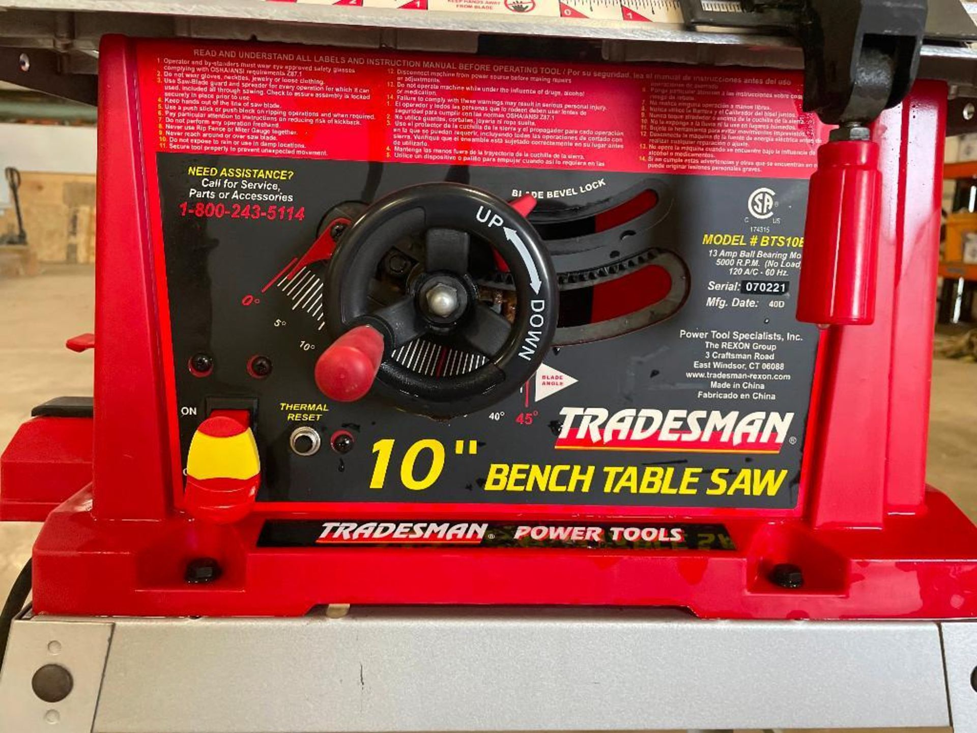 Tradesman 10 Inch Bench Table Saw, Model BTS10BW, Serial #070221 - Image 5 of 6