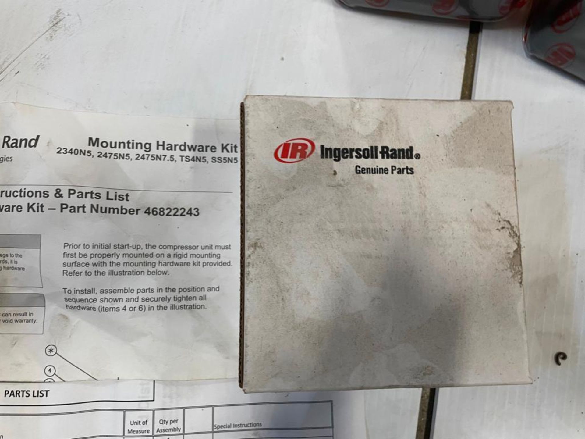 Box of Ingersoll-Rand Mounting Hardware Kits, All Season Select Synthetic Recip Lubricant. Located i - Image 4 of 9