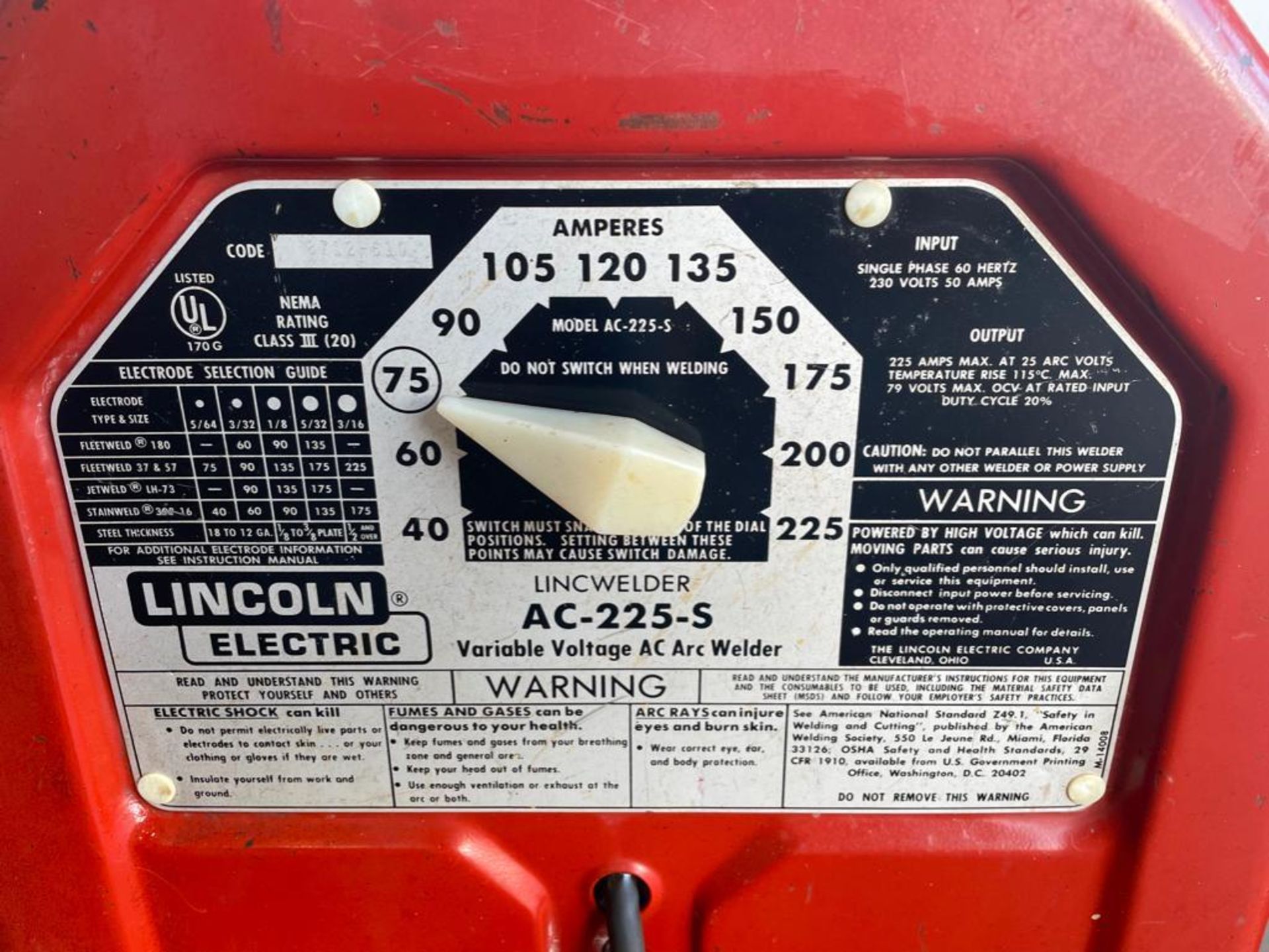 Lincoln Electric Lincwelder AC-225-S Variable Voltage AC Arc Welder, Single Phase 60 Hertz, 230 Volt - Image 6 of 6