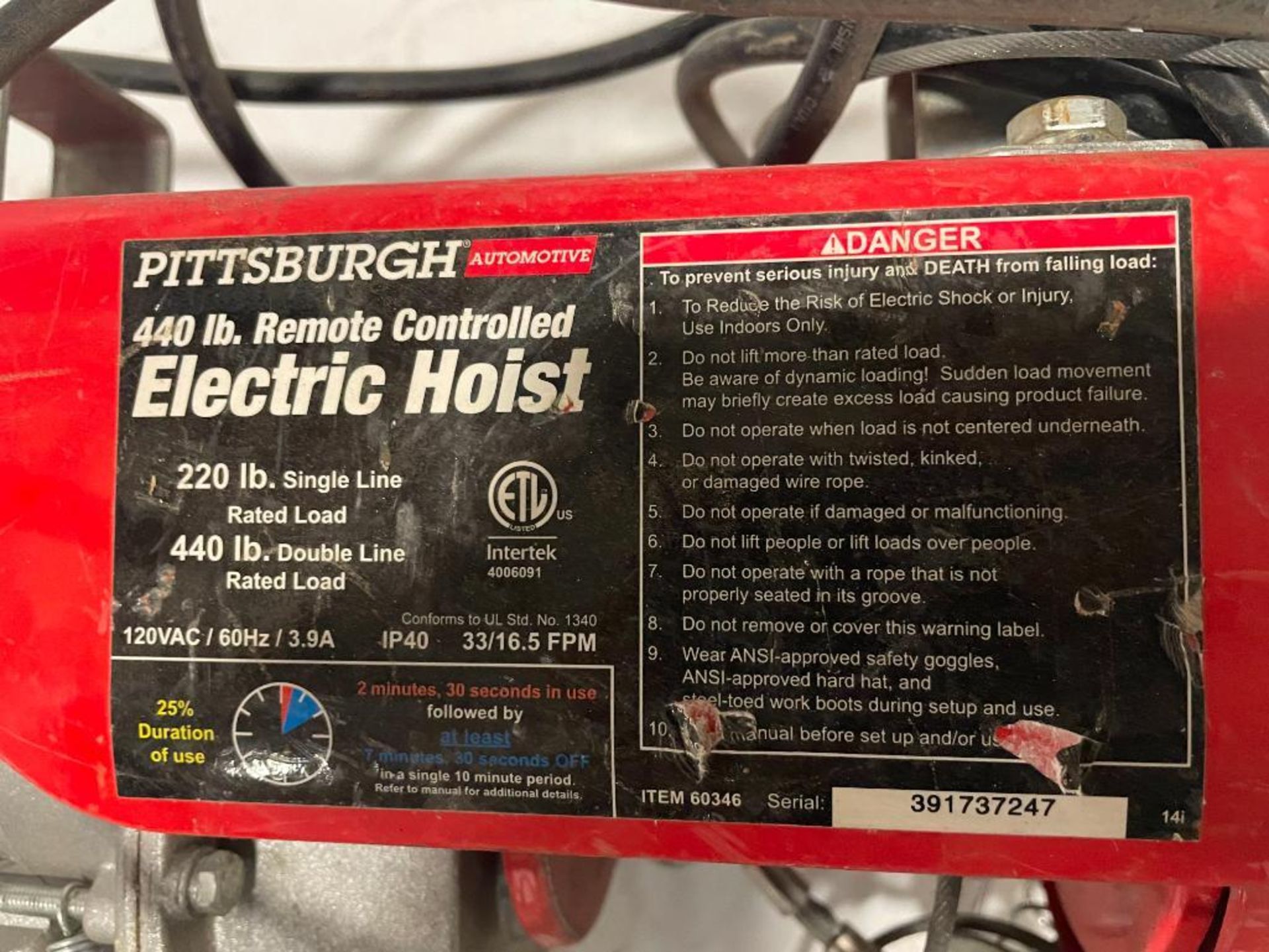 Pittsburgh 440 # Remote Controlled Electric Hoist, Serial #391737247, 220# Single Line & 440# Double - Image 4 of 4