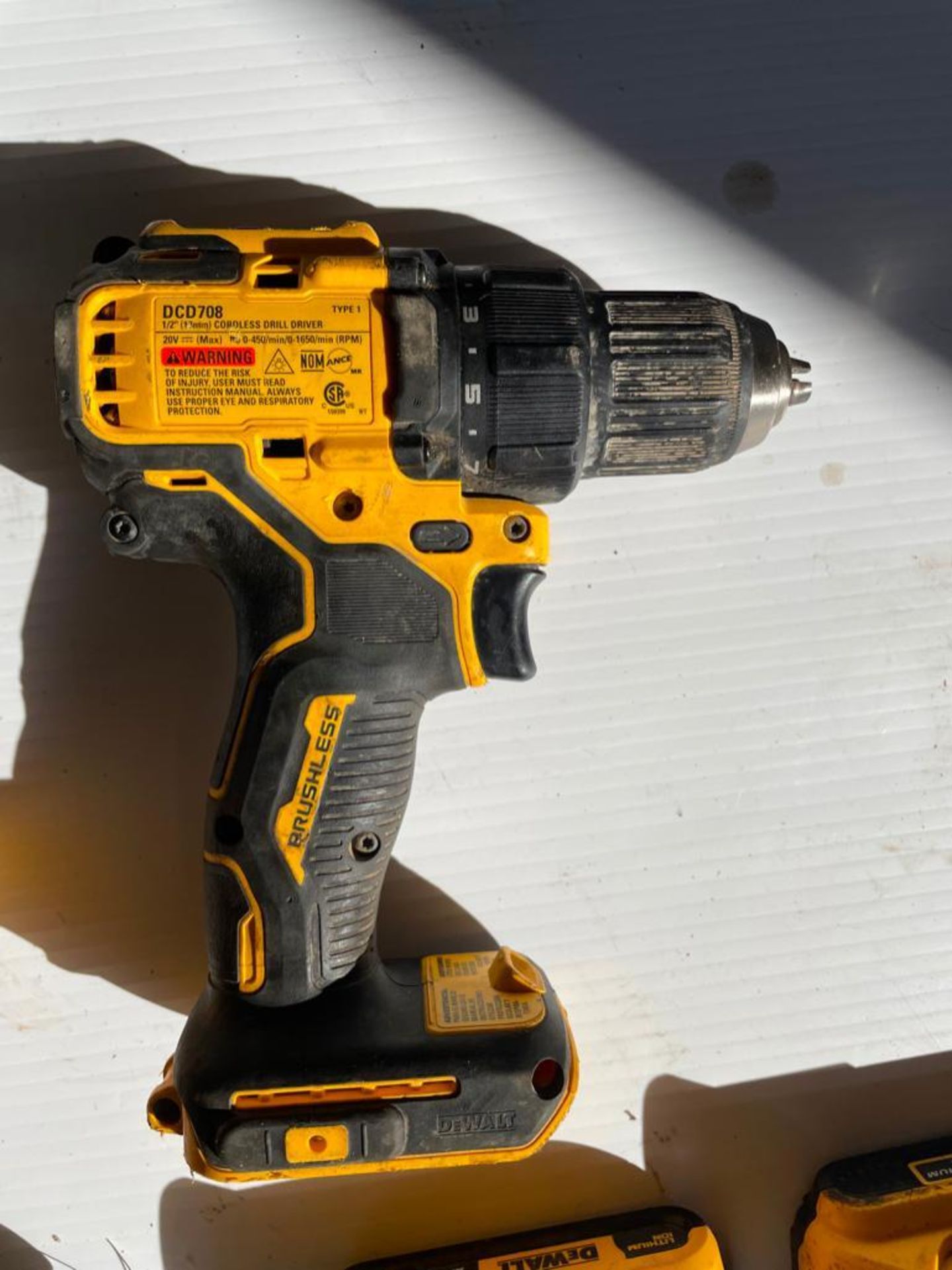 (4) DeWalt 20V Tools, DCS389 Variable Speed Reciprocating Saw, 4 1/2" - 6" Grinder, DCD708 1/2" Dril - Image 10 of 13