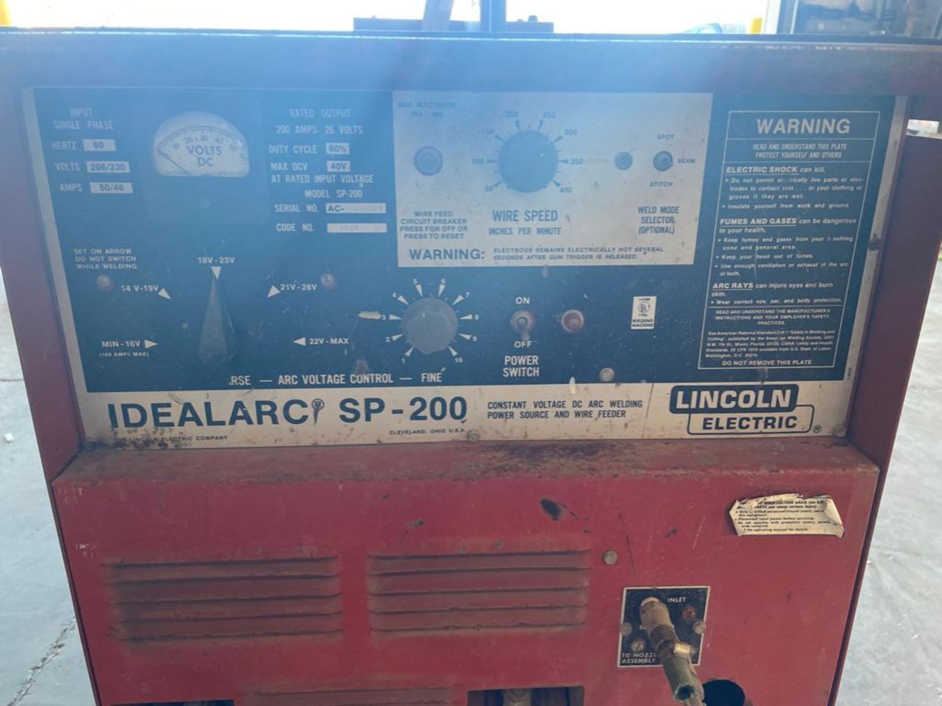 Lincoln Electric Idealarc SP-200 ARC Welder, Single Phase, 60 Hertz, 205/230 Volts, 50 Amps. Located - Image 2 of 6