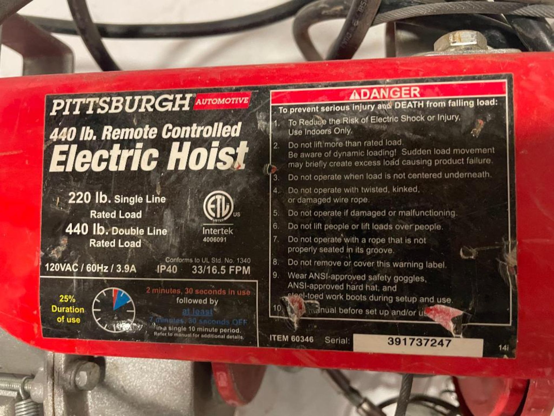 Pittsburgh 440 # Remote Controlled Electric Hoist, Serial #391737247, 220# Single Line & 440# Double - Image 3 of 4