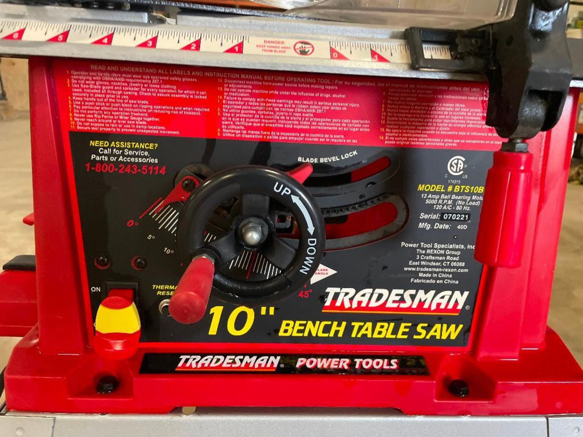 Tradesman 10 Inch Bench Table Saw, Model BTS10BW, Serial #070221 - Image 4 of 6