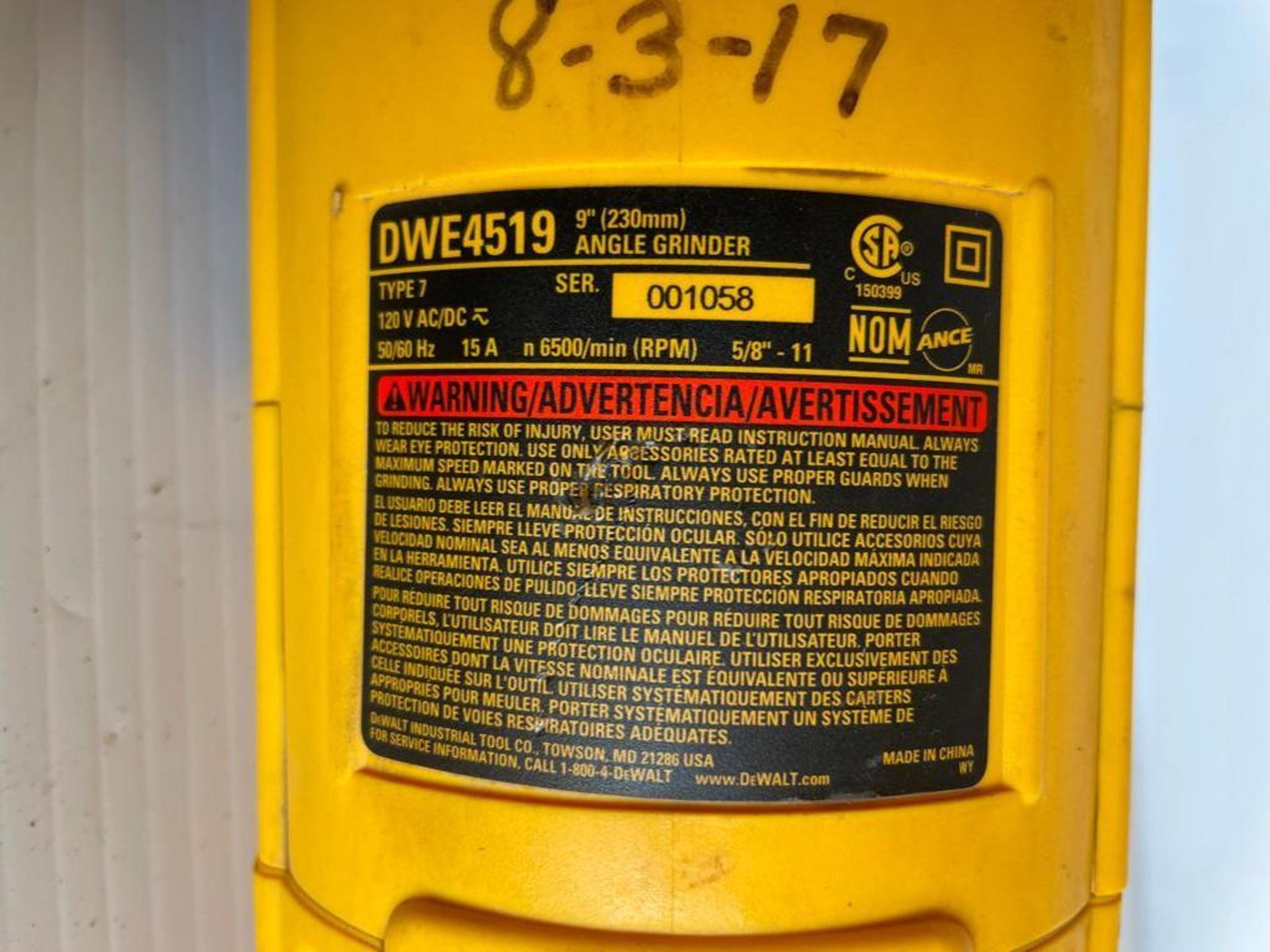 DeWalt DWE4519 Angle Grinder 9", Serial #001058, 120V. Located in Hazelwood, MO - Image 4 of 4