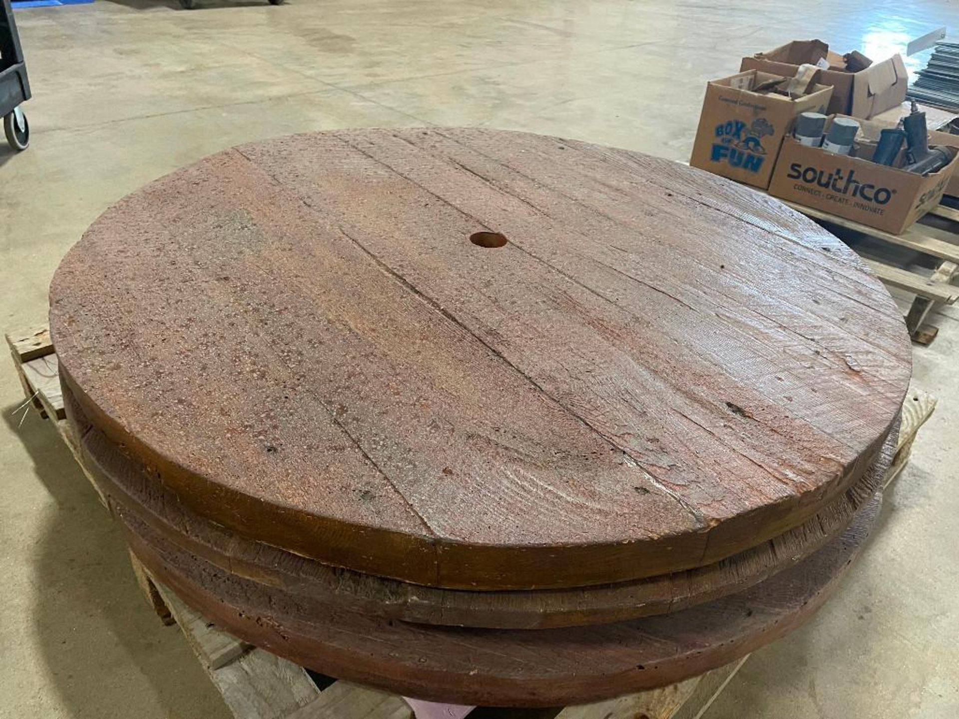 (3) 45" Round Concrete Table with Wood Design. Located in Hazelwood, MO. - Image 2 of 3