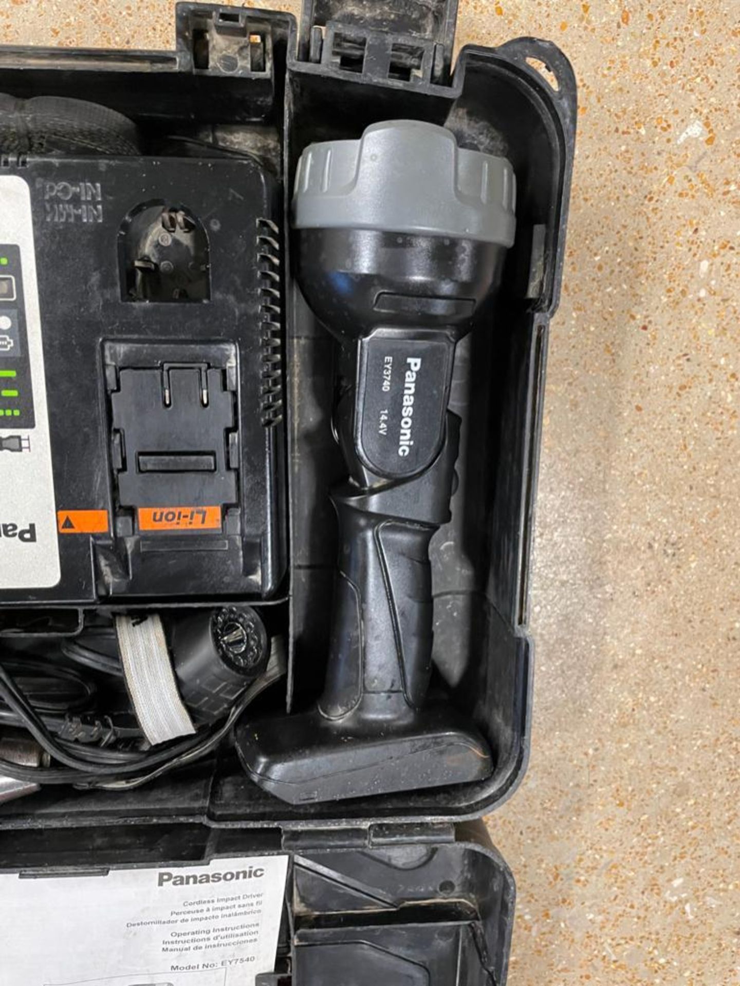 Panasonic Drill & Flashlight in Case with Panasonic Ey0L80 Charger & Li-ion 14.4V Batteries. Located - Image 5 of 5