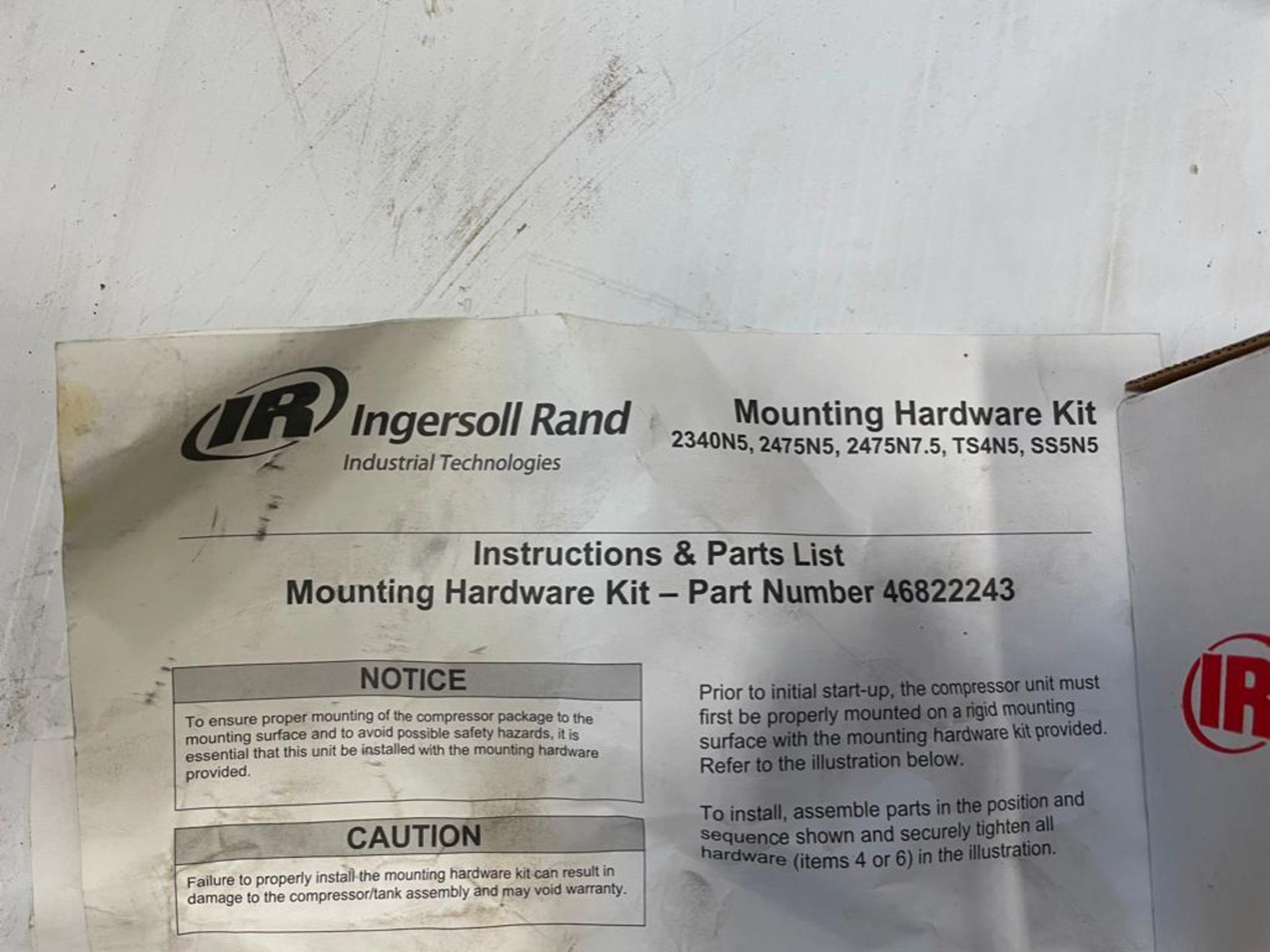 Box of Ingersoll-Rand Mounting Hardware Kits, All Season Select Synthetic Recip Lubricant. Located i - Image 6 of 9