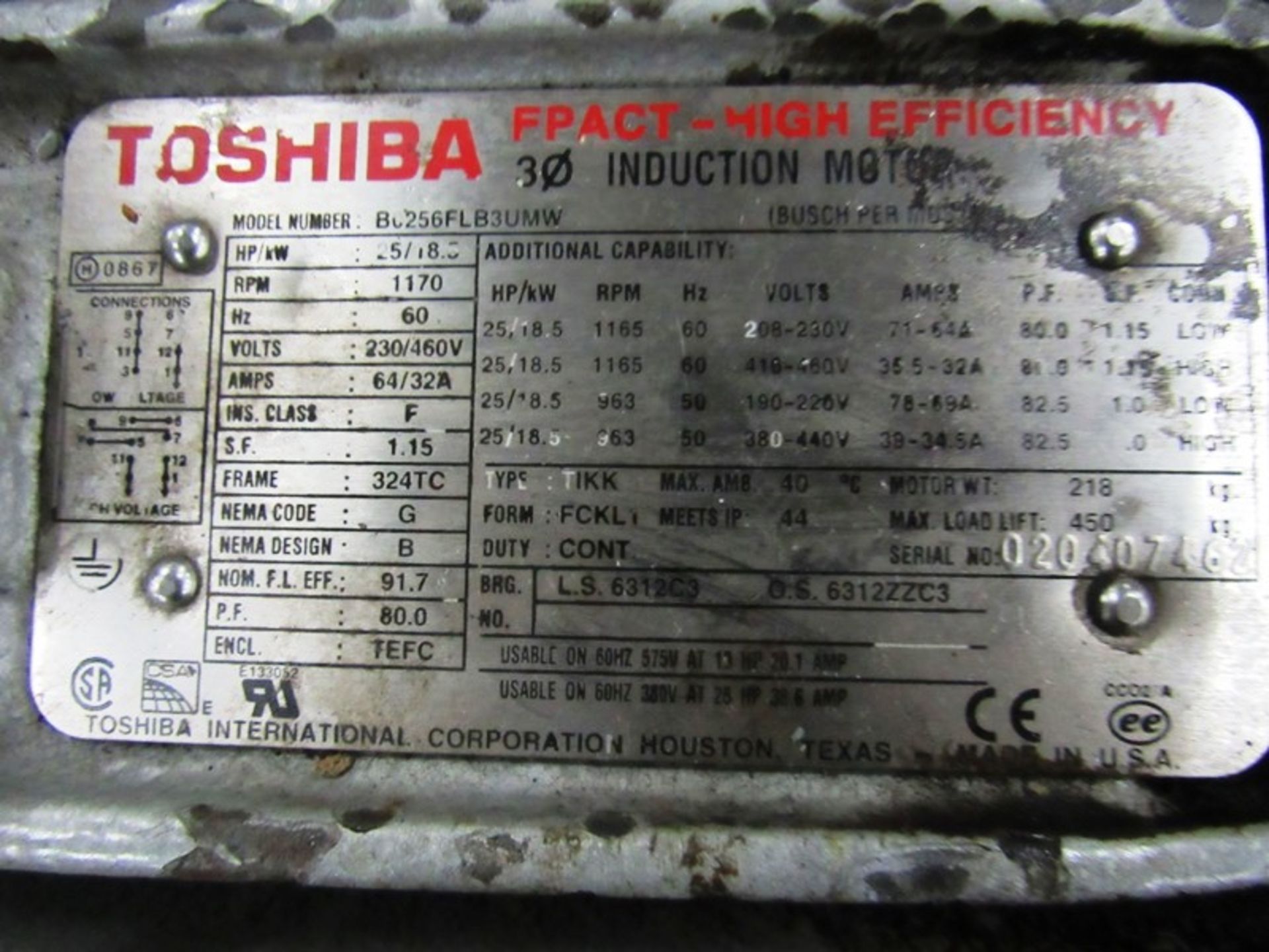 Busch Mdl. RAO630.B4Z6.1001 Vacuum Pump, Ser. #C8031, 25 h.p. Toshiba motor, 230/460 volts with heat - Bild 5 aus 6