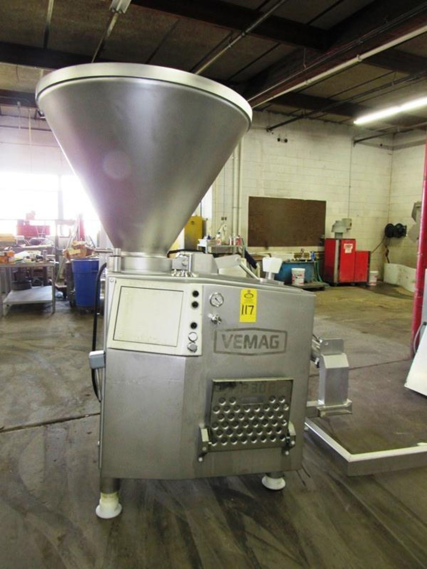 Vemag Mdl. HP30E Continuous Vacuum Filler with bucket lift, Ser. #166305, missing screws &