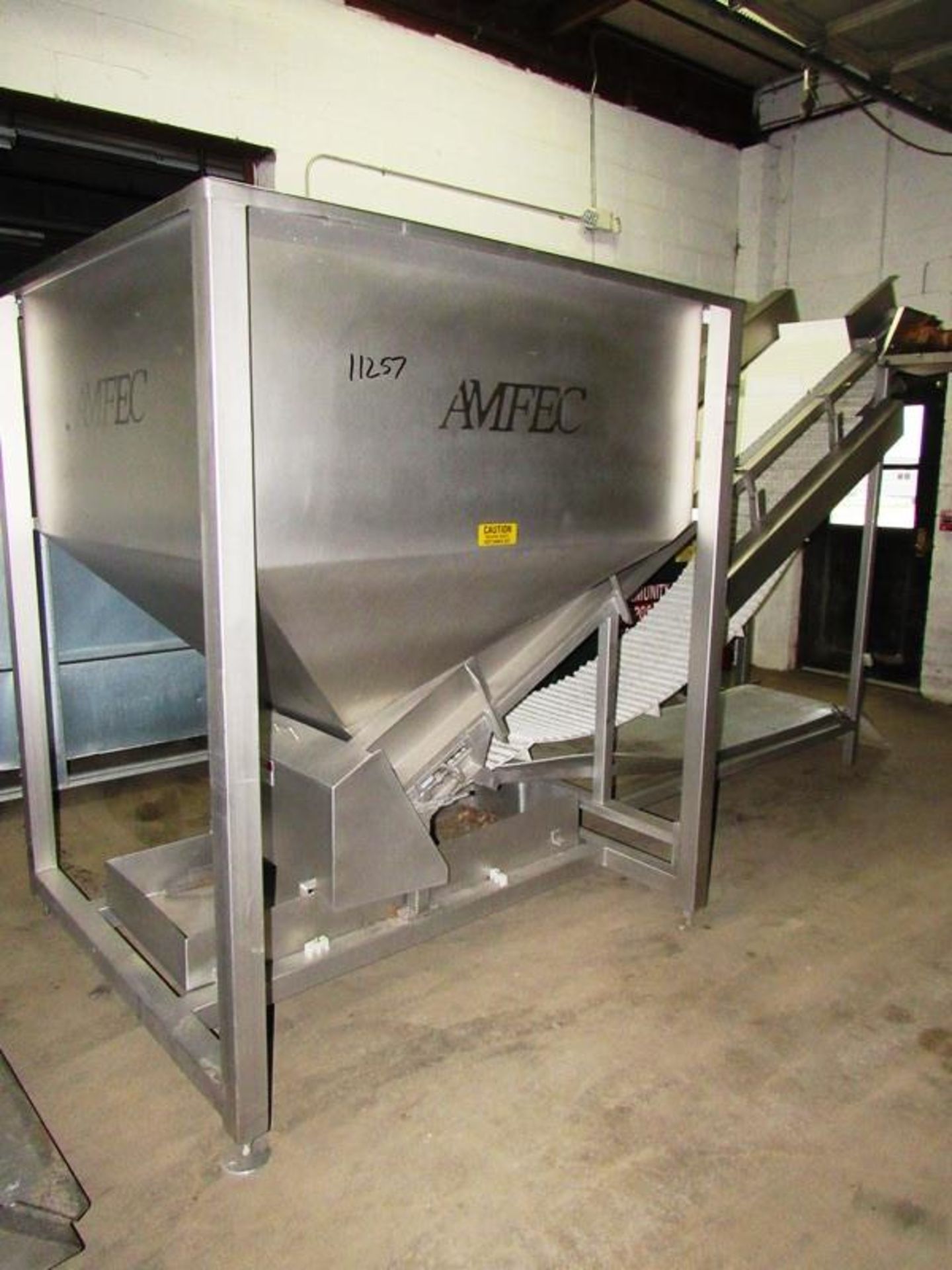 AMFEC Stainless Steel Hopper with incline conveyor, hopper, 53" W X 50" L X 48" D conveyor, 19 1/