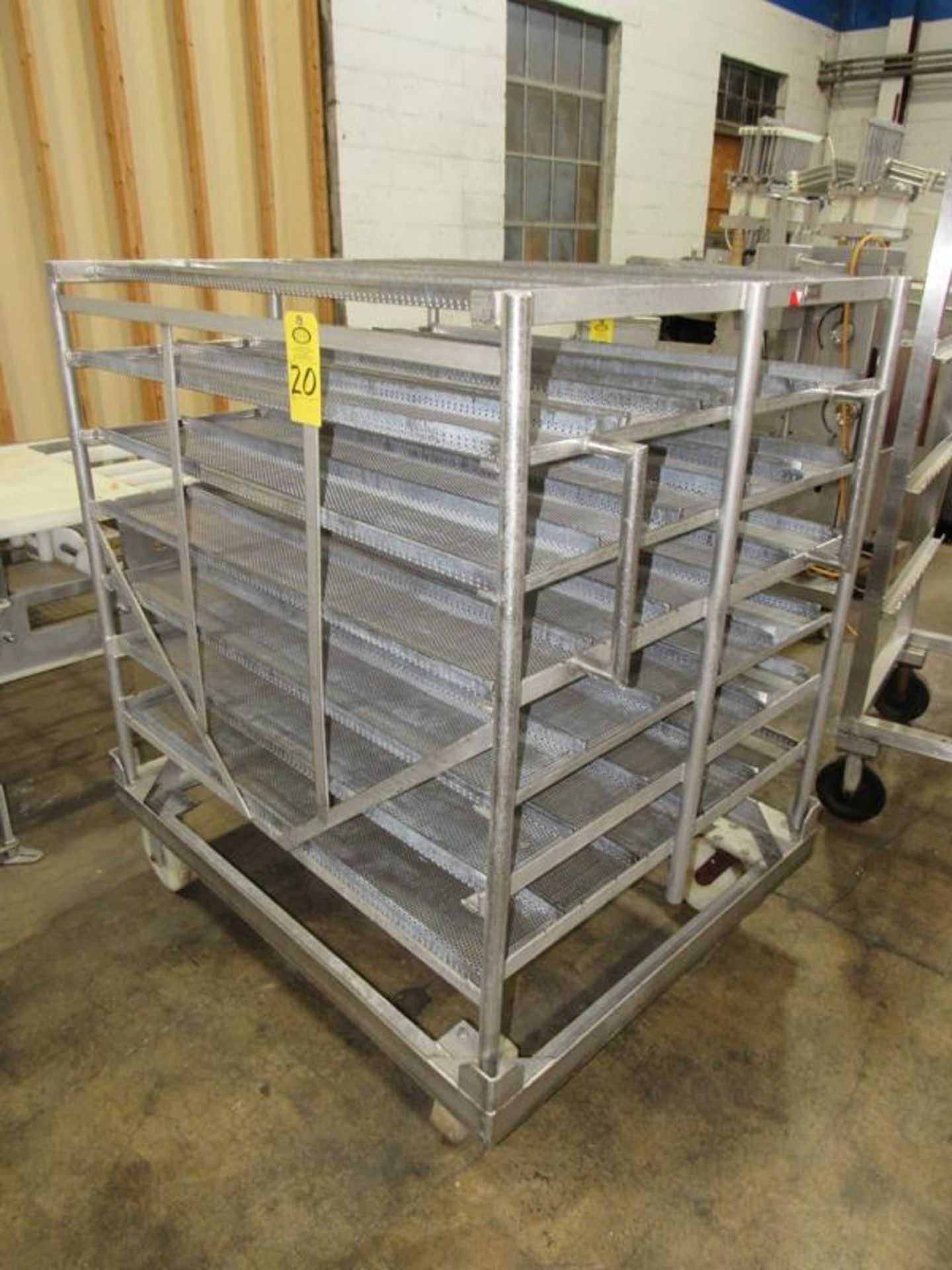 Portable Stainless Steel Carts, 43" W X 52" L X 5' T, 34 removable perforated trays, 8" W X 48" L,