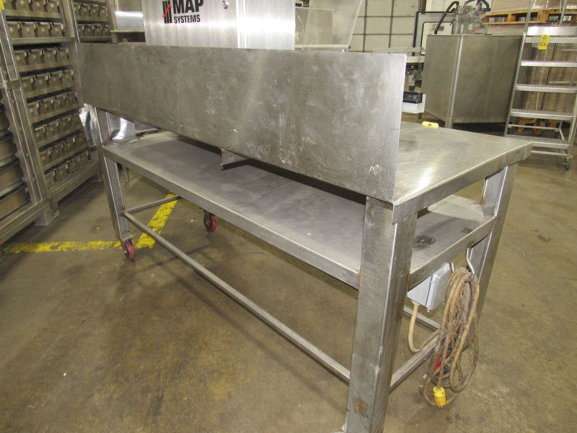 Portable Stainless Steel Table, 34" W X 77" L X 39" tall, 12" backsplash, 110 volt power hook up, - Image 3 of 3