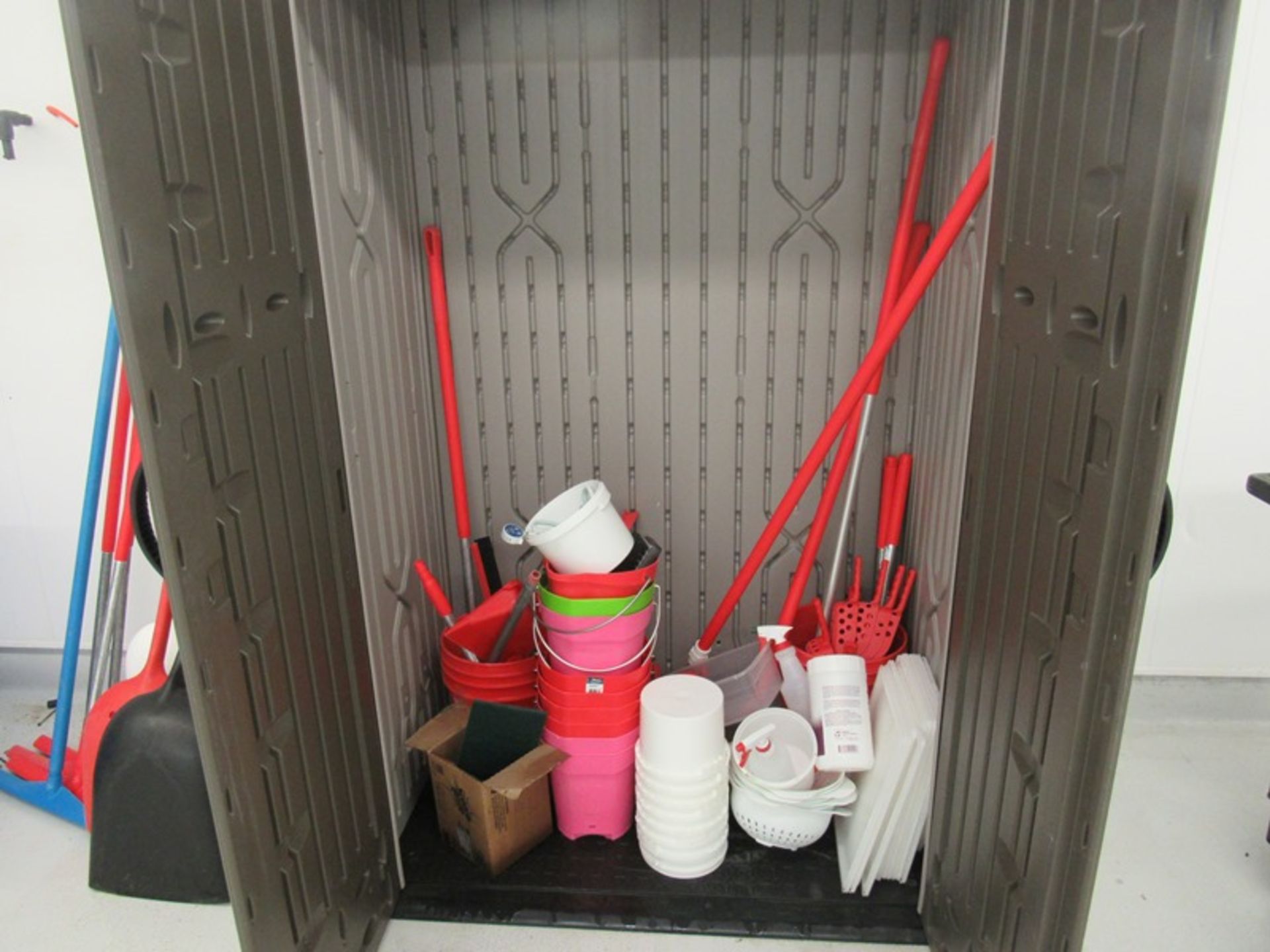 Lot of Rubbermaid Cabinet with buckets, squeegees, shovels, etc. (Required Rigging Fee: $50.00- - Image 2 of 2
