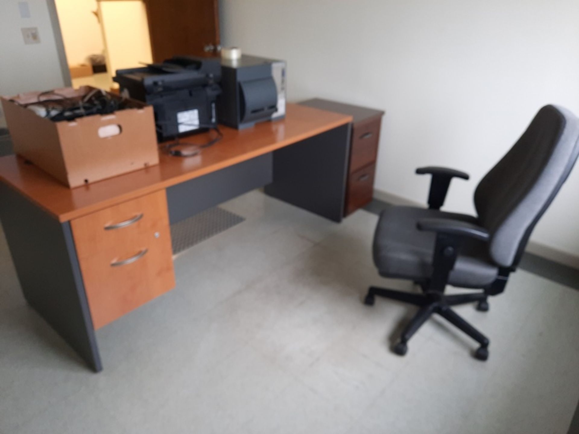 Lot of Office: (1) Desk, Chairs, File Cabinet, Data Max Label Printer, HP Laser Jet, Box of Goodies, - Image 2 of 3