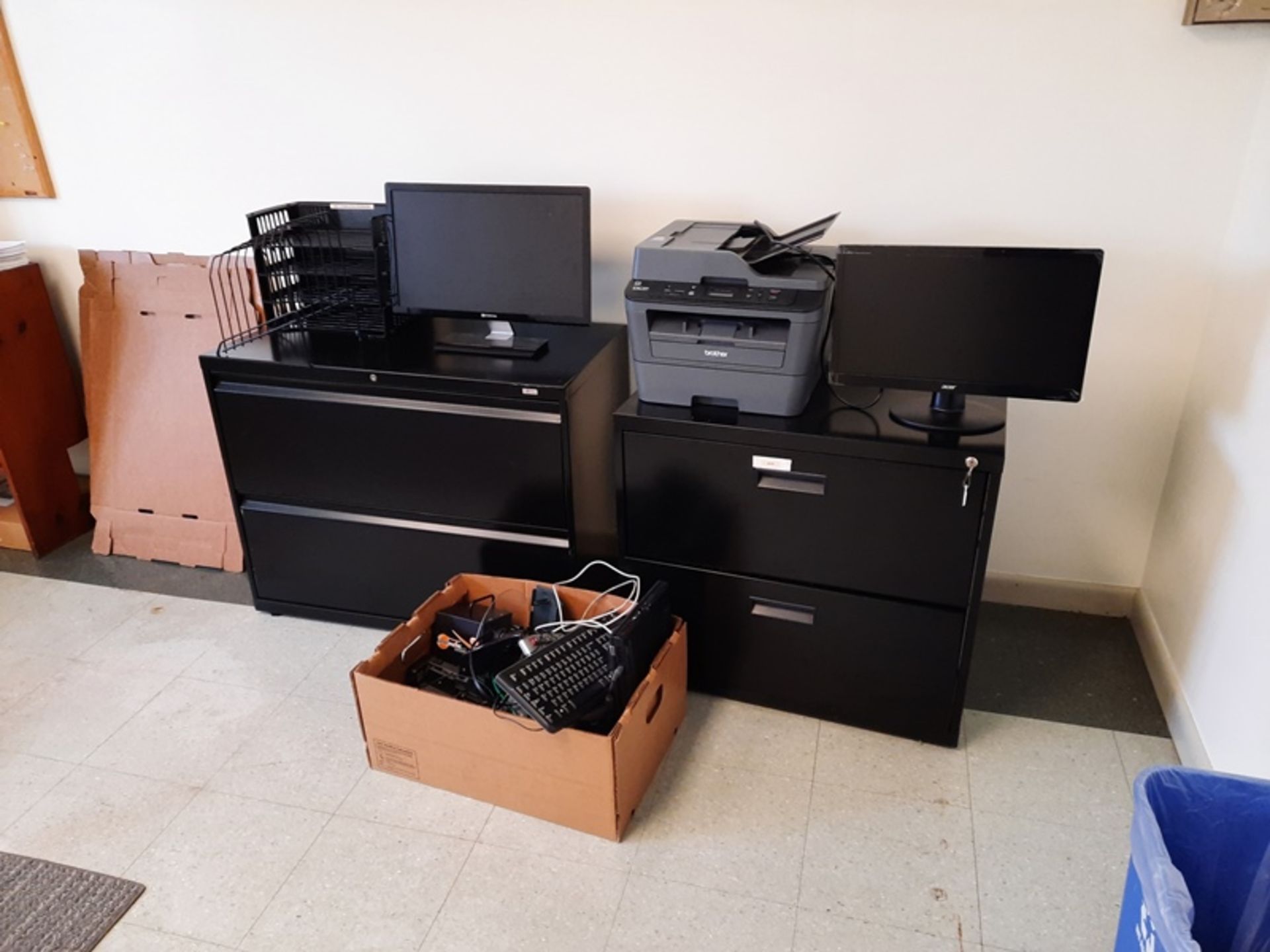 Lot of Lateral Files, File Cabinet, Brother DCP Fax, Copy, Scan, Monitors, Chairs, (Required Rigging