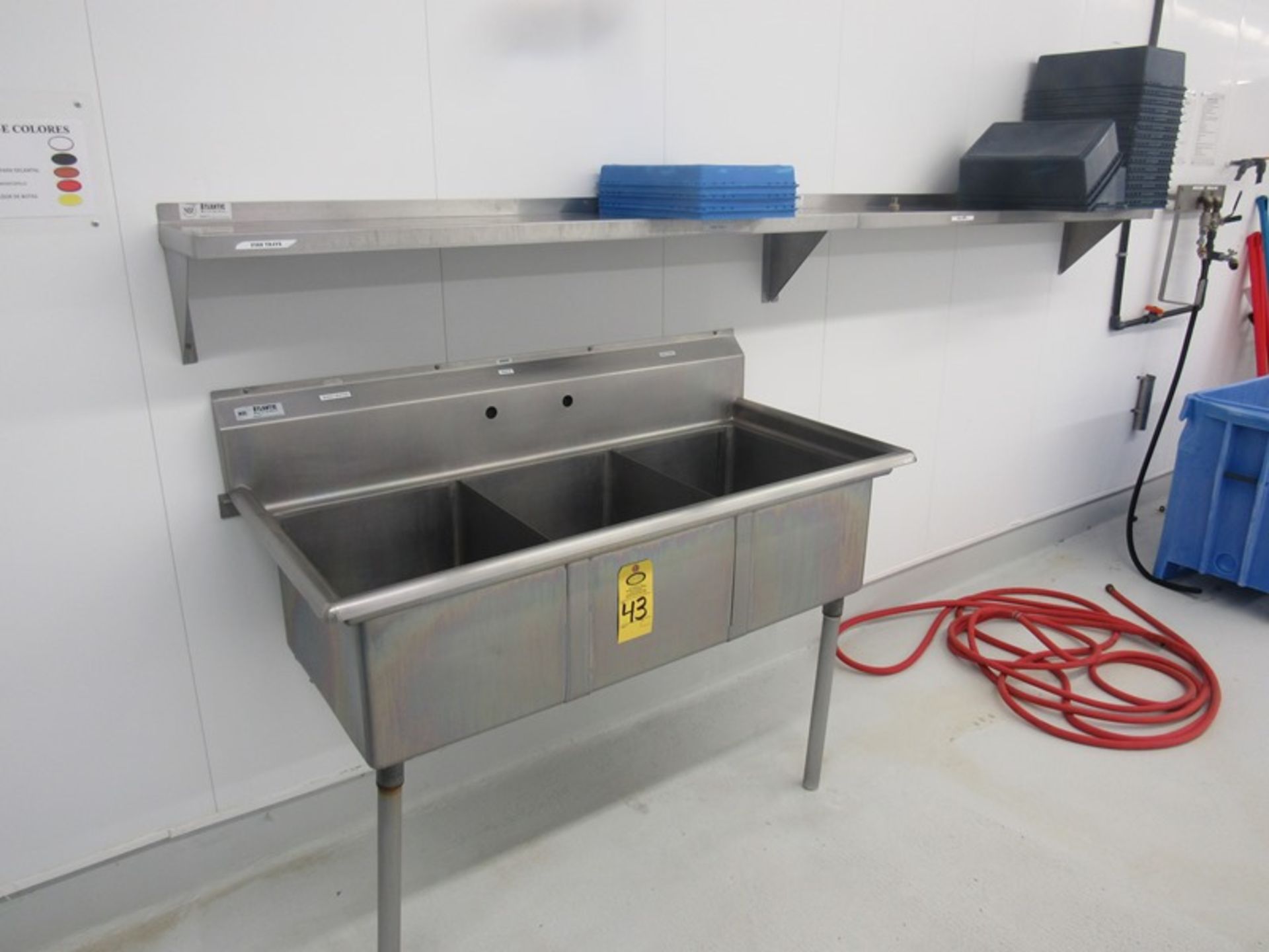 Lot of Stainless Steel Basin, 27" W X 54" L X 12" D, 3 bays, (2) Stainless Steel Shelves 12" W X