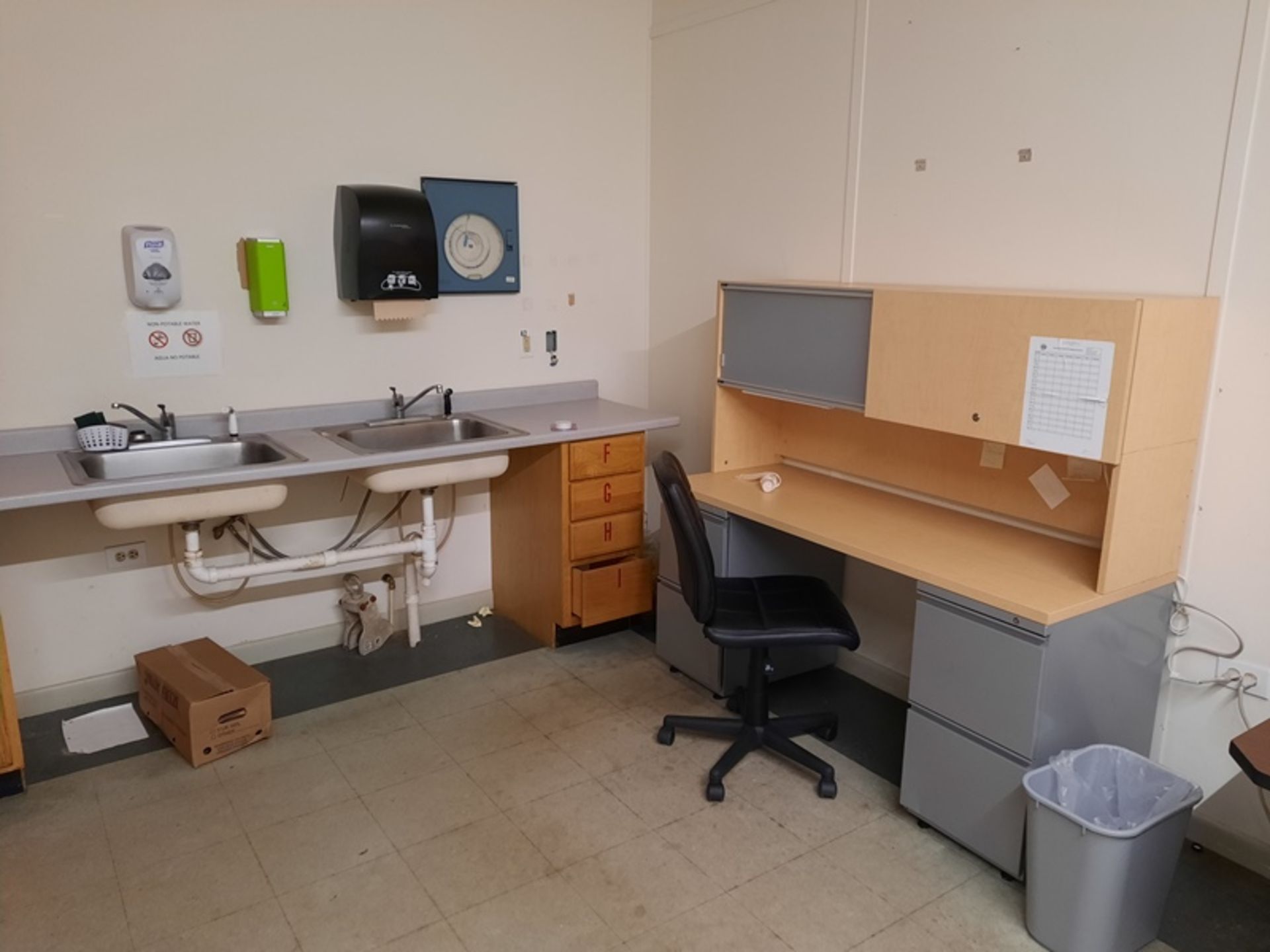 Lot of Desk, Chairs, Lateral File, Microwave, Soap & Towel Dispenser, File Cabinet, (Required - Image 3 of 4