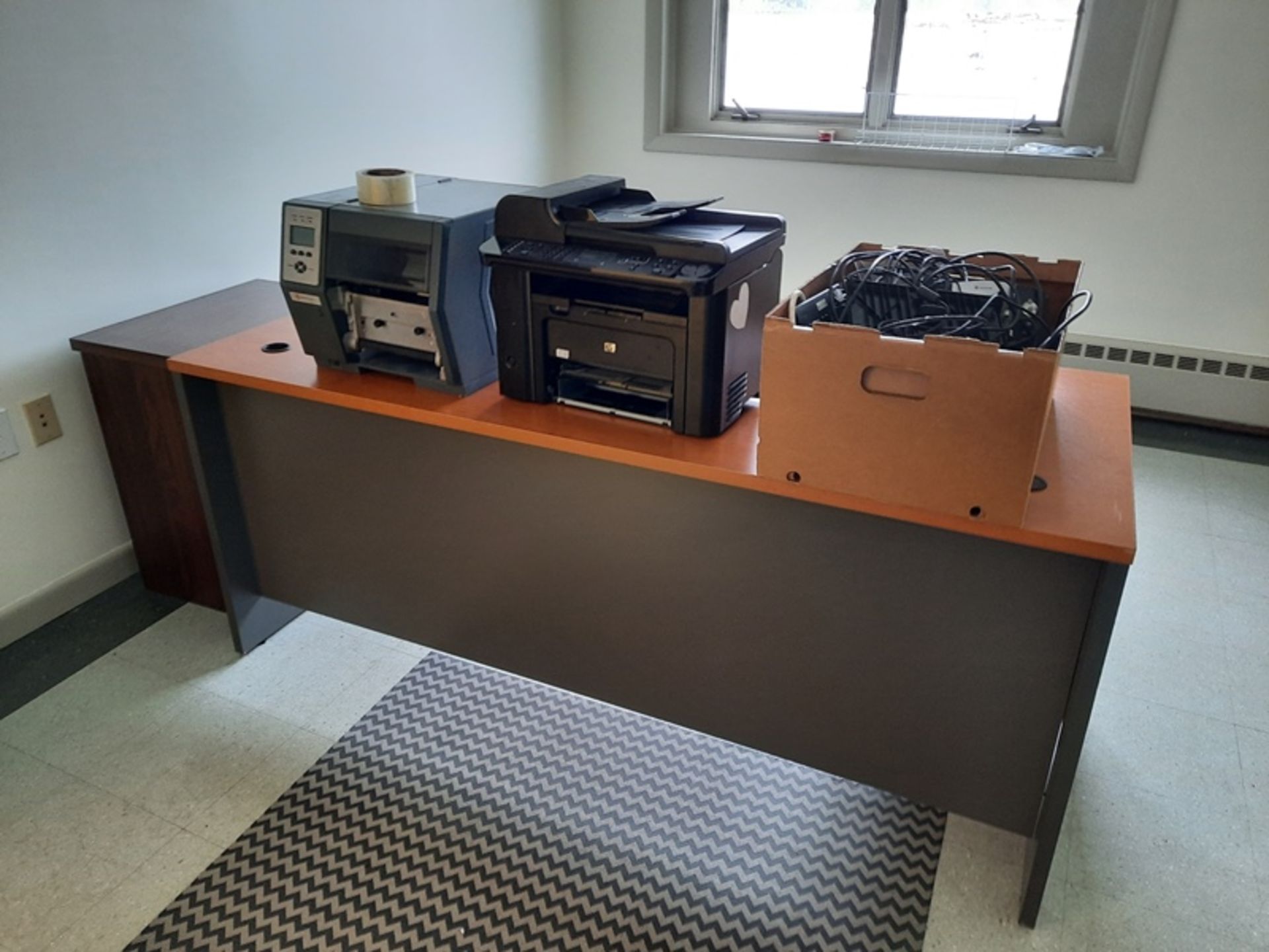 Lot of Office: (1) Desk, Chairs, File Cabinet, Data Max Label Printer, HP Laser Jet, Box of Goodies,