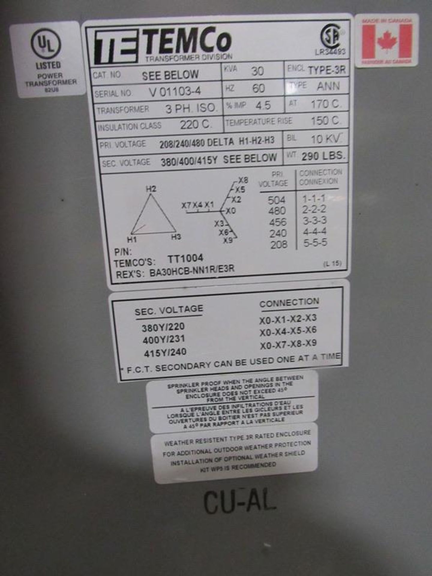 Temco Mdl. TT1004 Transformer in 3R enclosure, Type: ANN, 3 phase, ISO, 60 hz, primary voltage 208/ - Image 3 of 3