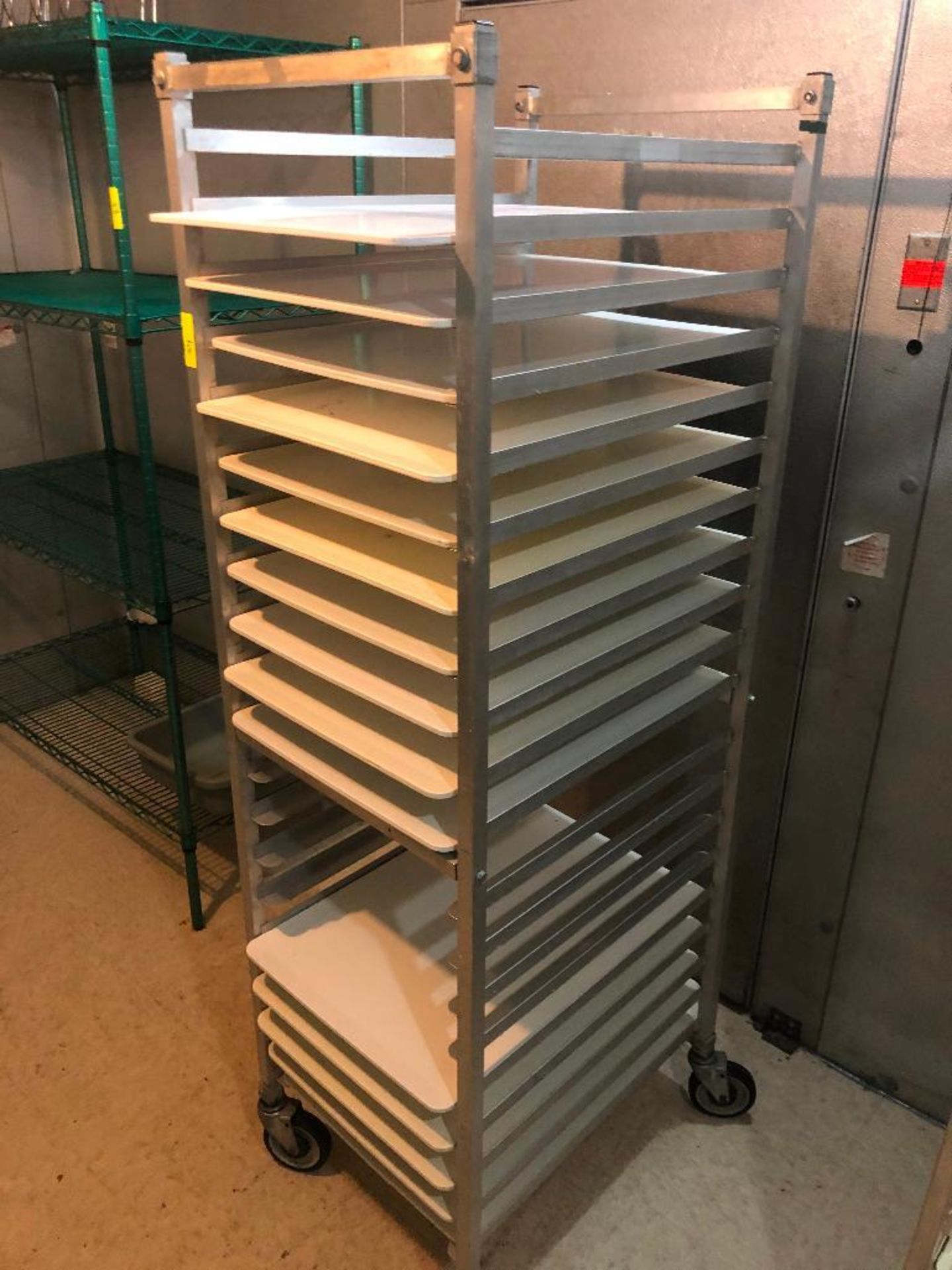 TWENTY PAN FRONT LOAD TRAY RACK W/ PLASTIC TRAYS