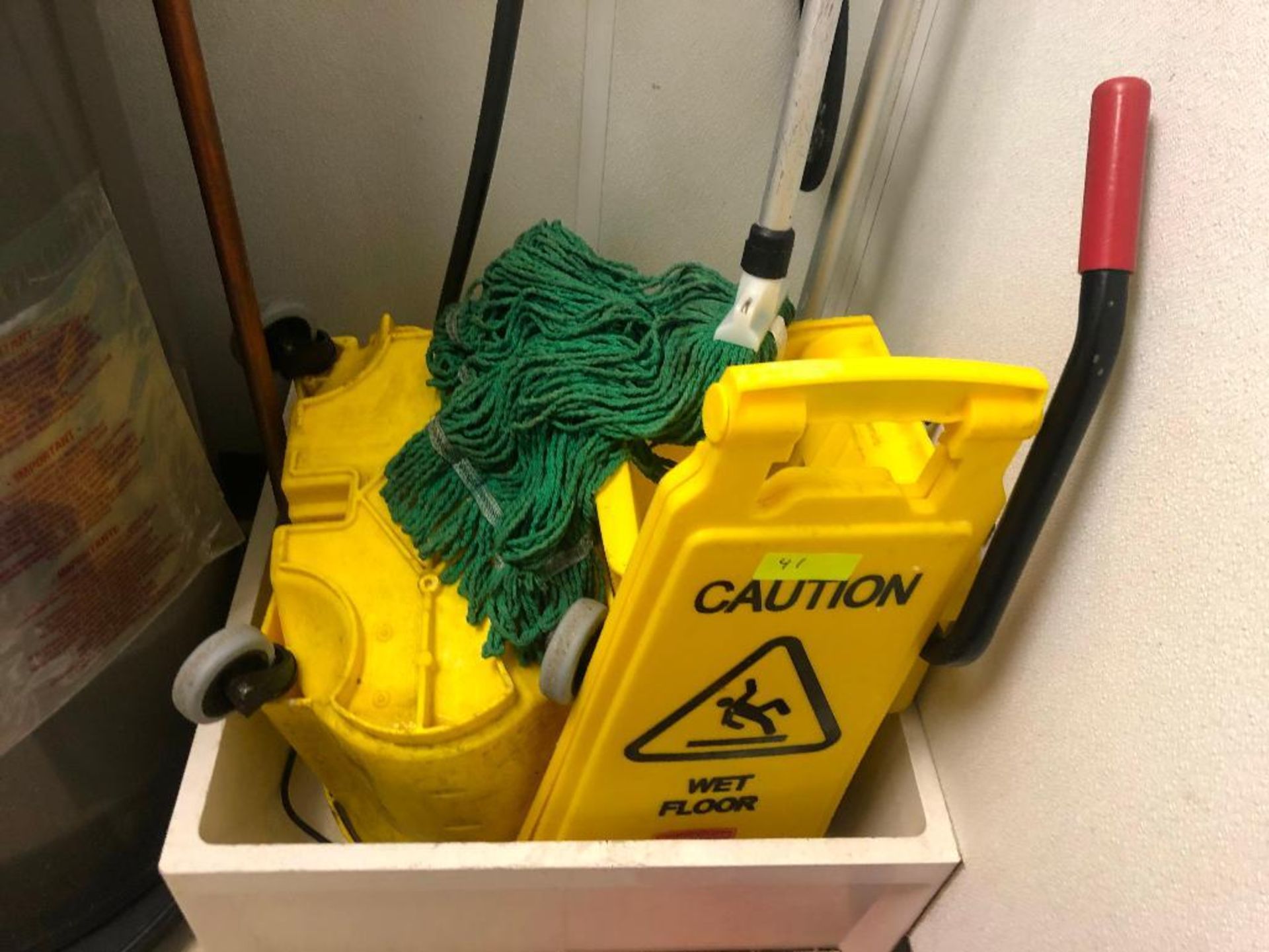 MOP BUCKET, WRINGER, WET FLOOR SIGN