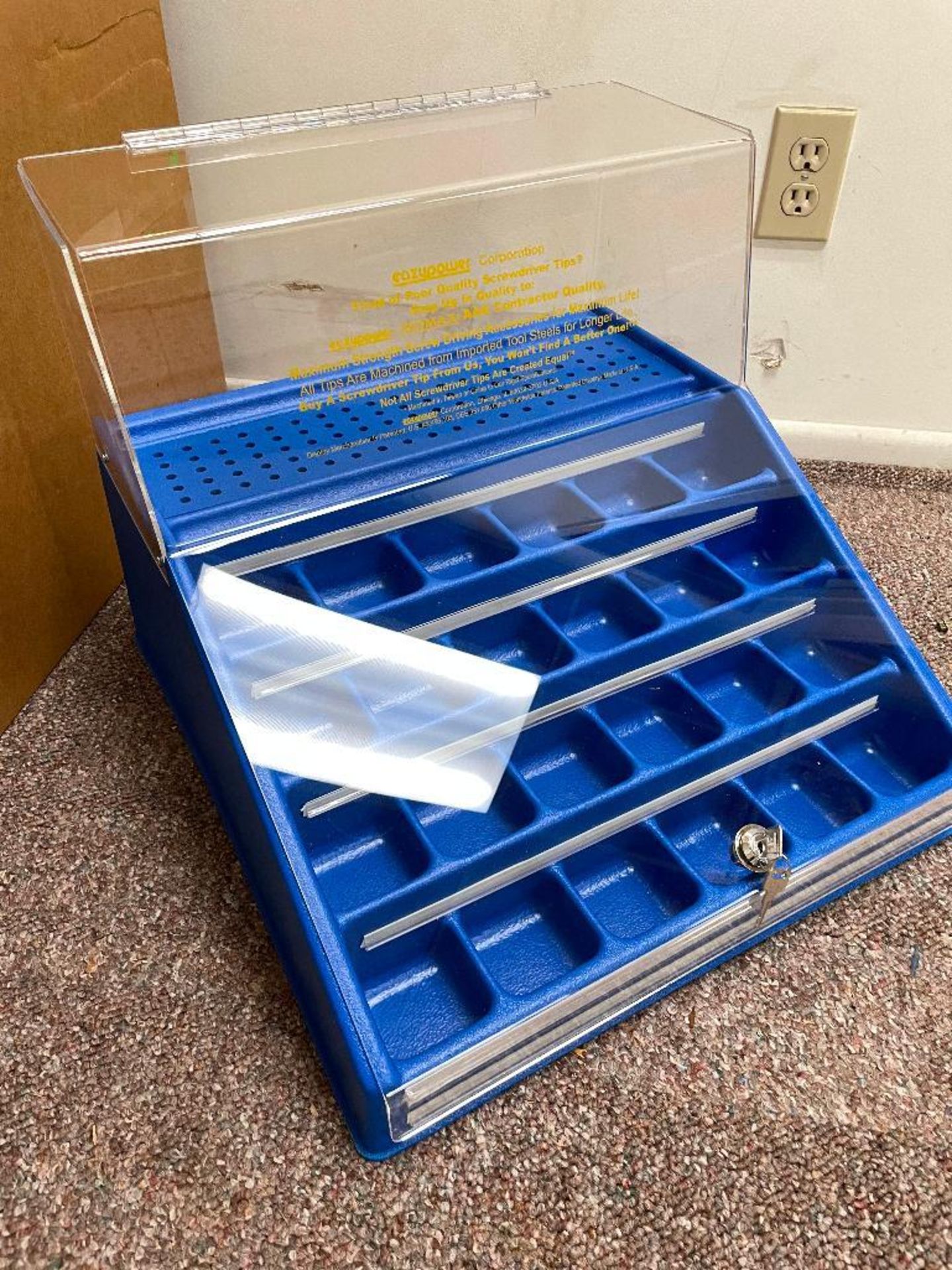 DESCRIPTION: (3) PLASTIC AND PLEXI GLASS BIT DISPLAY CASES / ORGANIZERS. W/ LOCK AND KEY. QTY: 1