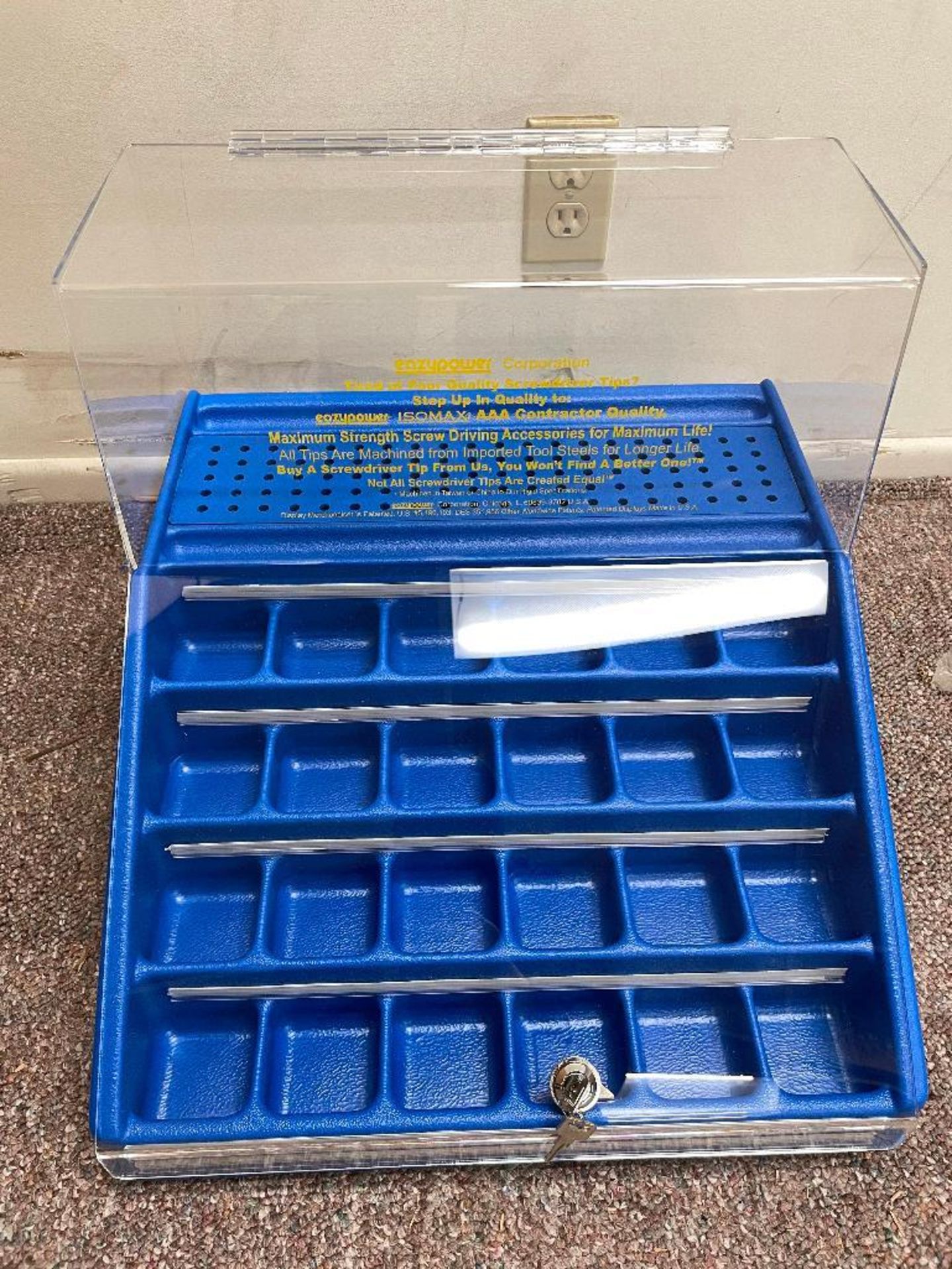 DESCRIPTION: (2) PLASTIC AND PLEXI GLASS BIT DISPLAY CASES / ORGANIZERS. W/ LOCK AND KEY. QTY: 1